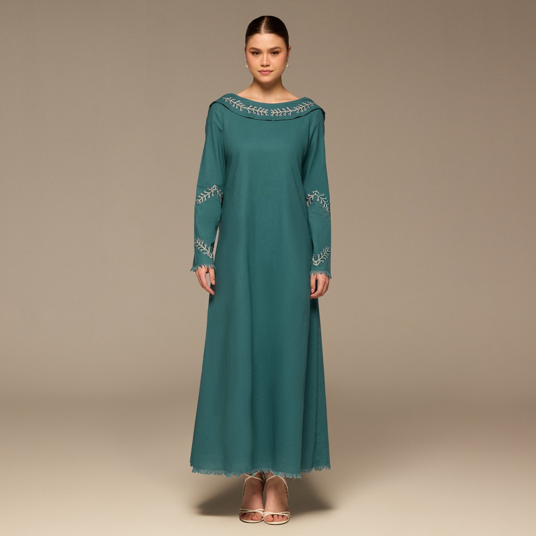 Teal Embroidered Neckline and Sleeve Linen Dress - shopaleena