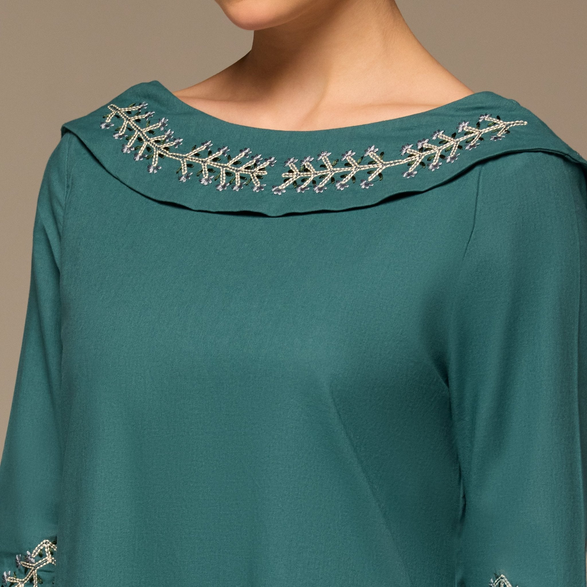 Teal Embroidered Neckline and Sleeve Linen Dress - shopaleena