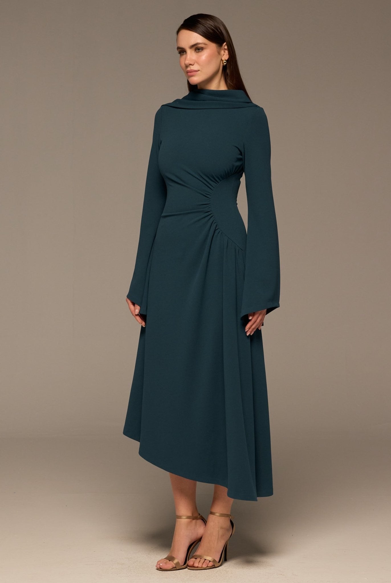 Teal Gathered Waist Midi Dress with Scarf - shopaleena