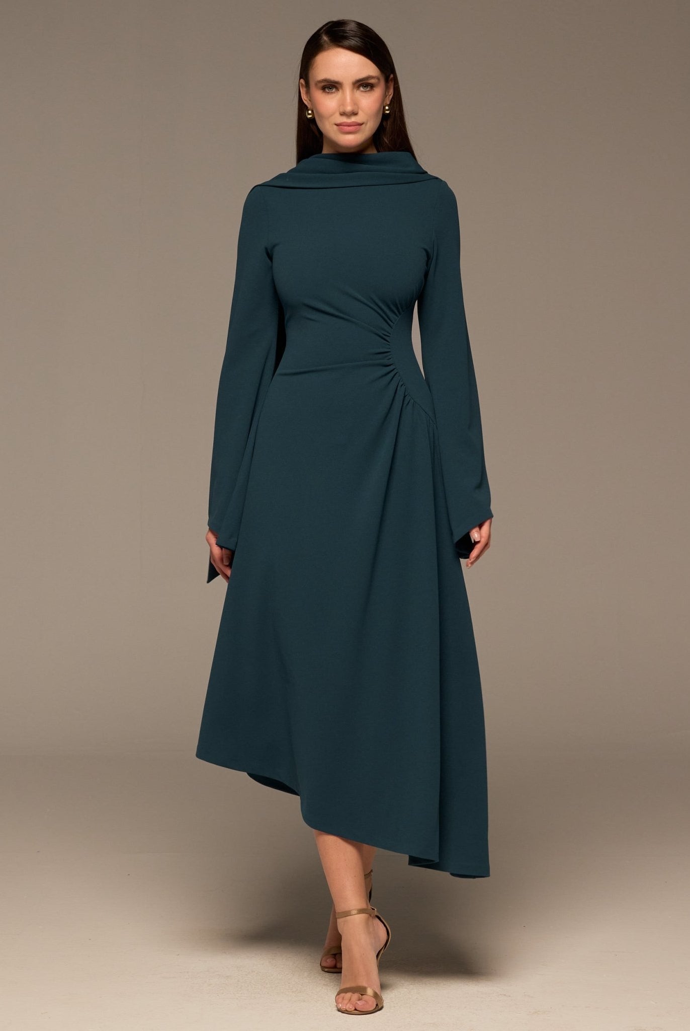 Teal Gathered Waist Midi Dress with Scarf - shopaleena