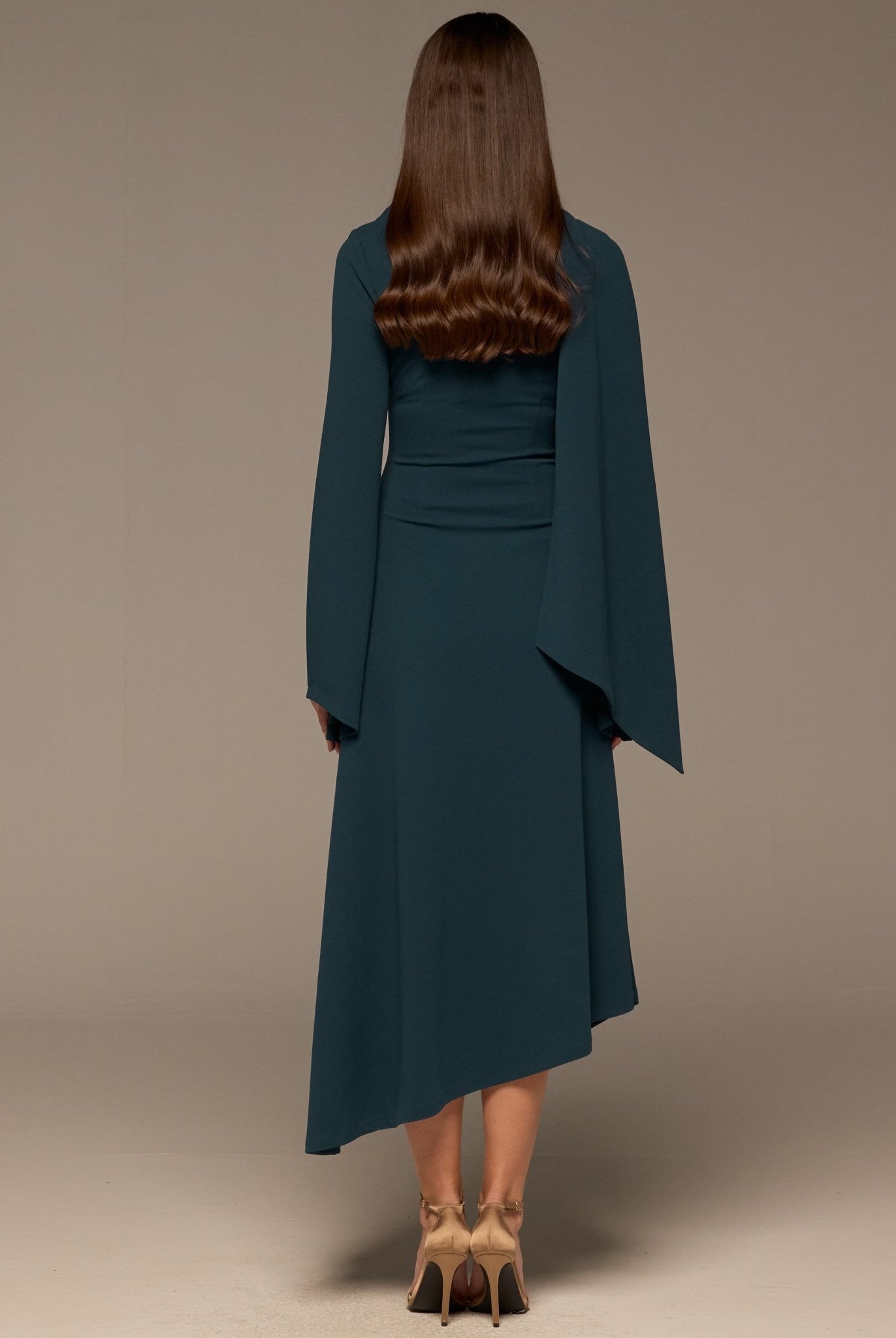 Teal Gathered Waist Midi Dress with Scarf - shopaleena