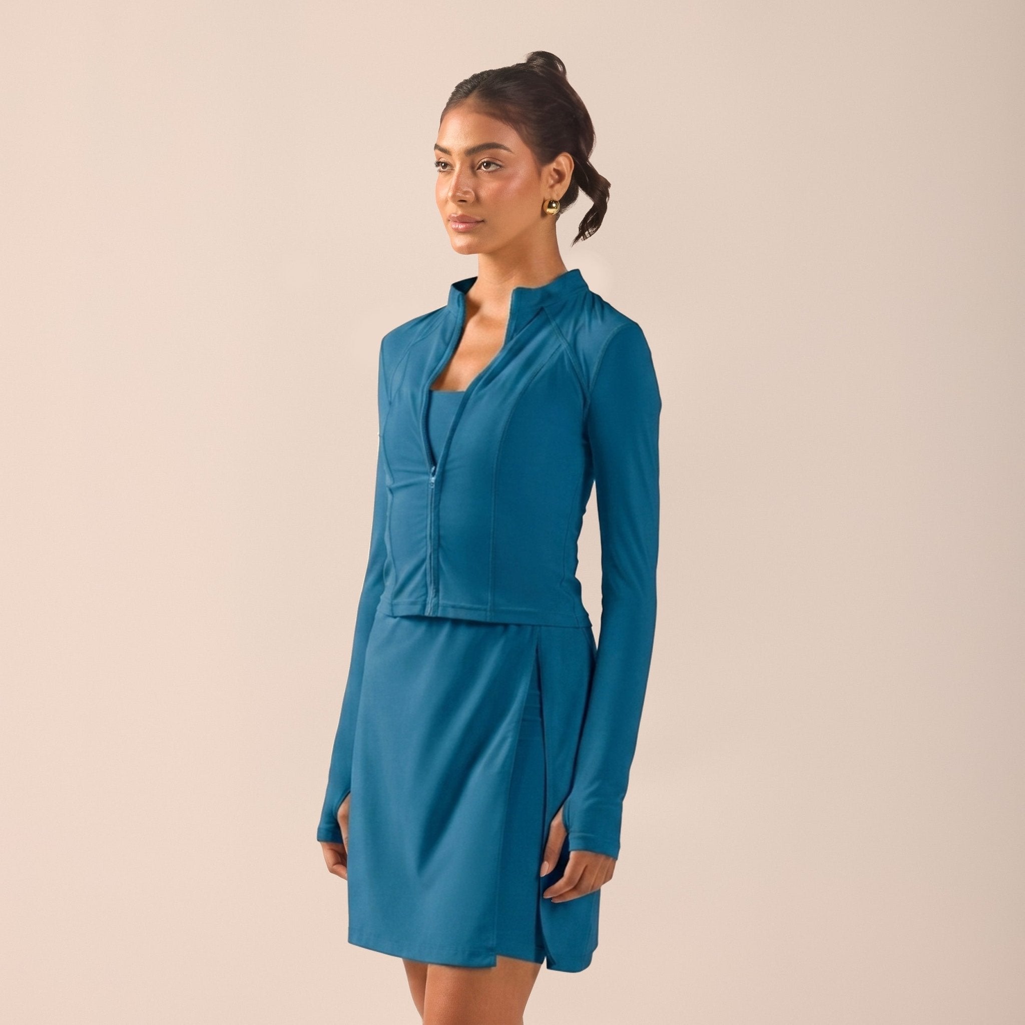Teal Long Sleeve Front Zipper Swim Top - shopaleena