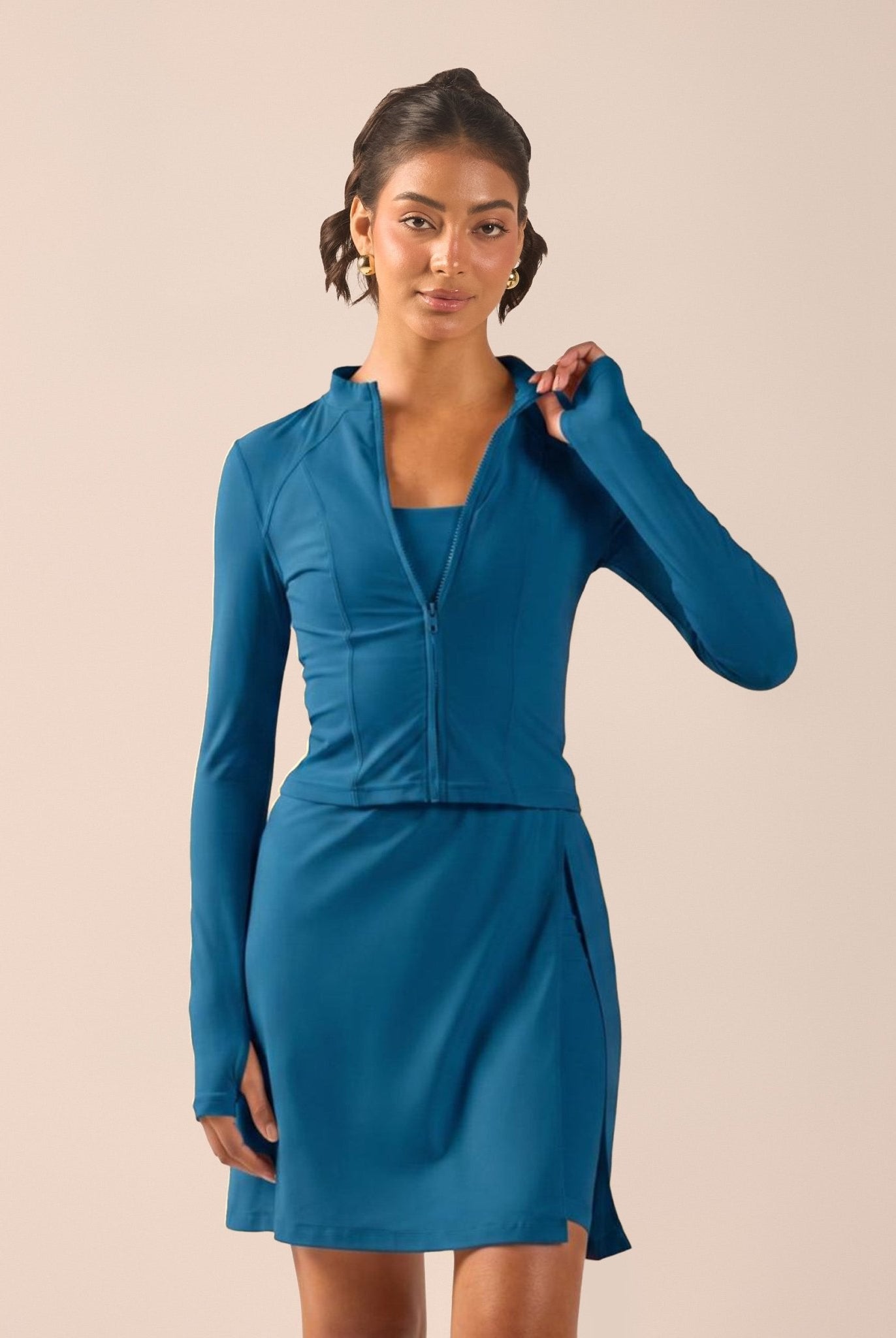 Teal Long Sleeve Front Zipper Swim Top - shopaleena
