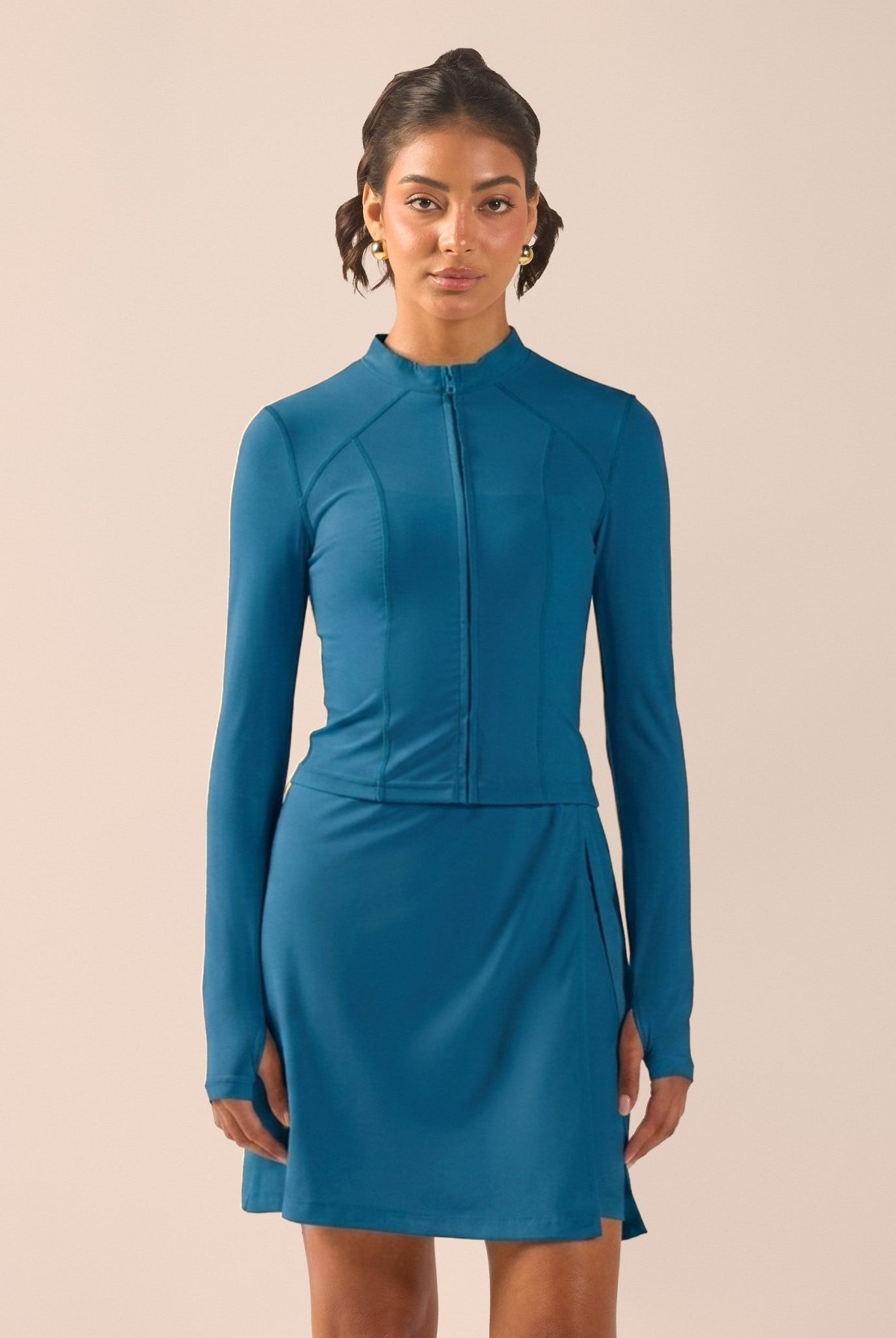 Teal Long Sleeve Front Zipper Swim Top - shopaleena