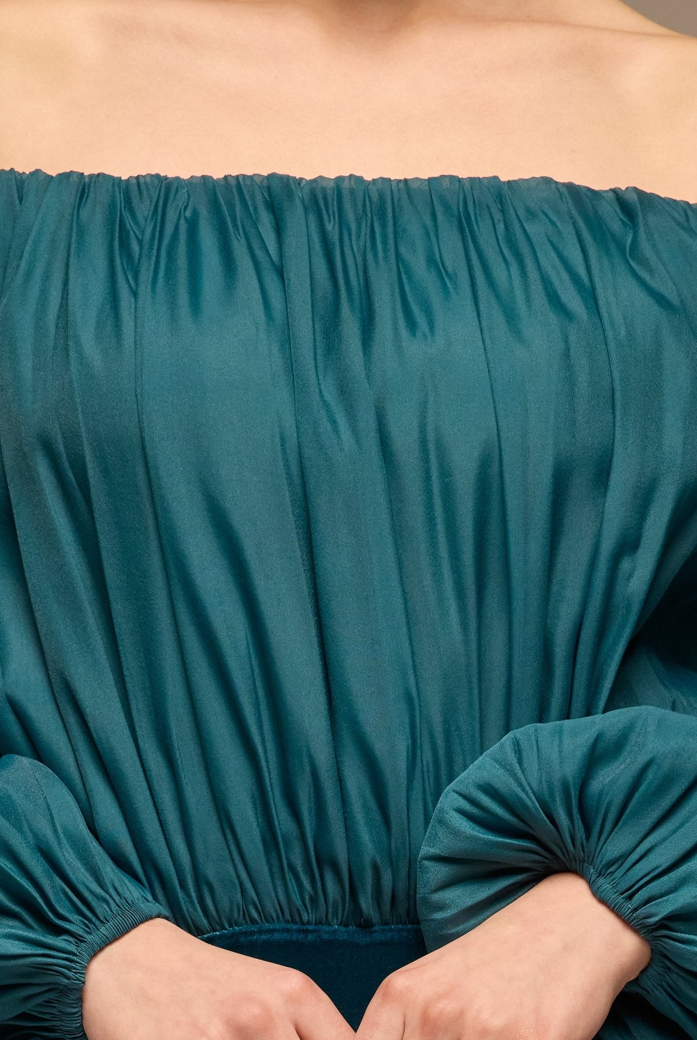 Teal Off - Shoulder Embroidered Organza & Velvet Dress - shopaleena