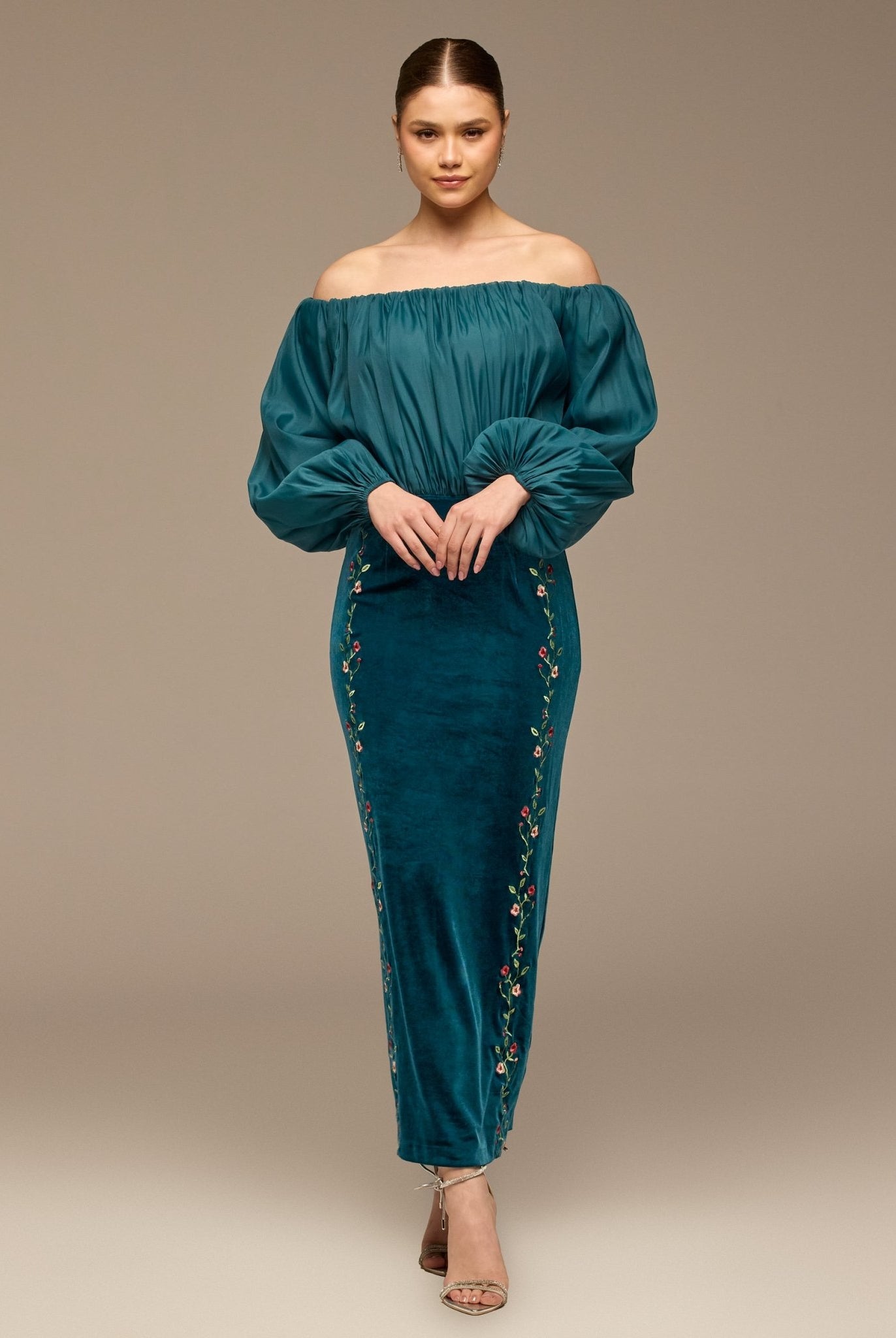 Teal Off - Shoulder Embroidered Organza & Velvet Dress - shopaleena