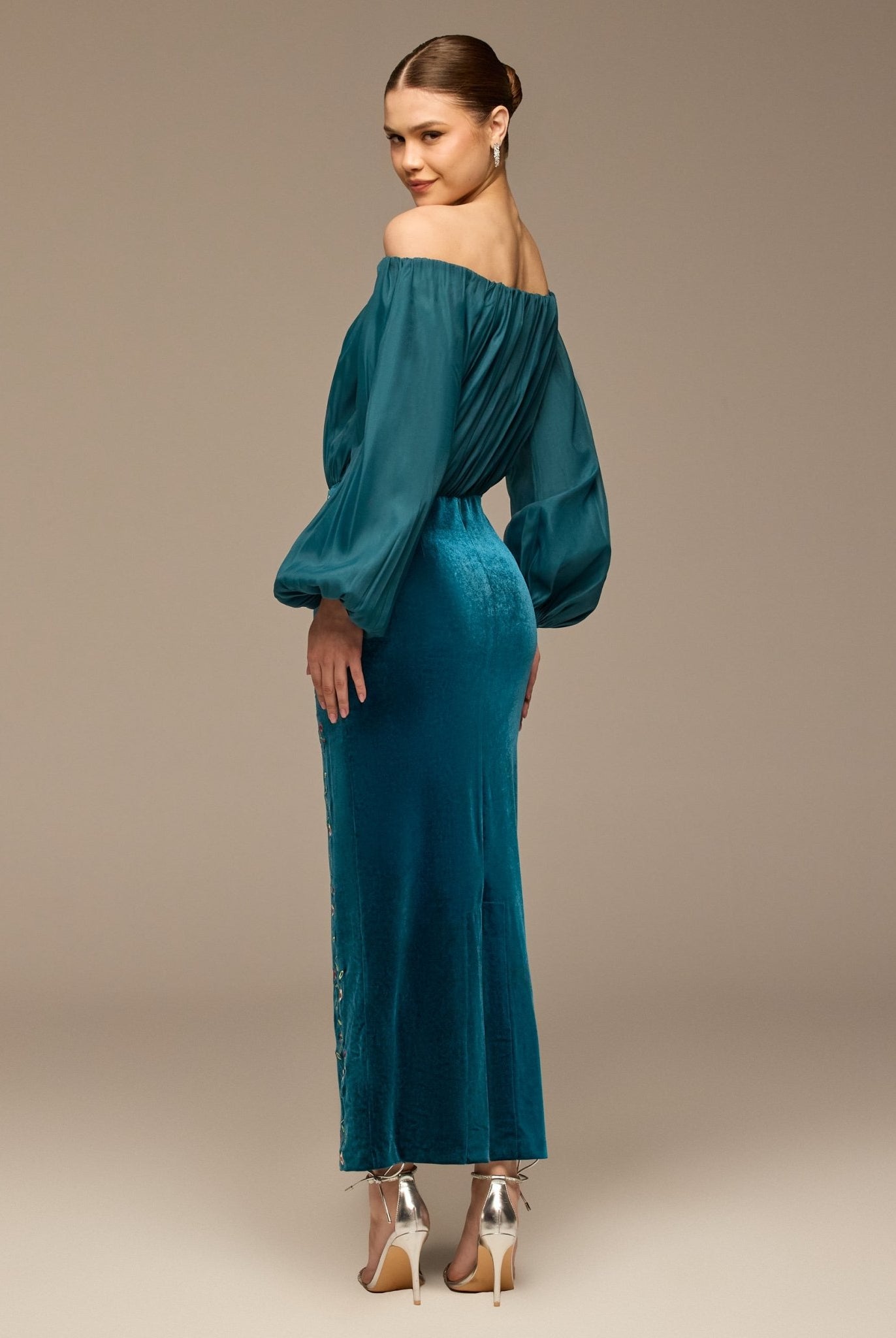 Teal Off - Shoulder Embroidered Organza & Velvet Dress - shopaleena