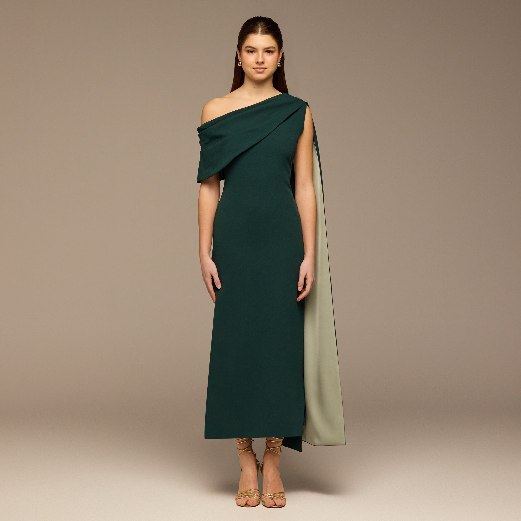 Teal One - Shoulder Crepe and Satin Dress - shopaleena