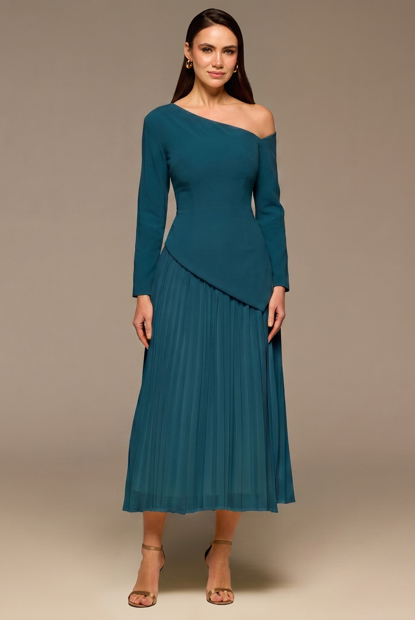 Teal One - shoulder Crepe Dress With Pleated Skirt - shopaleena