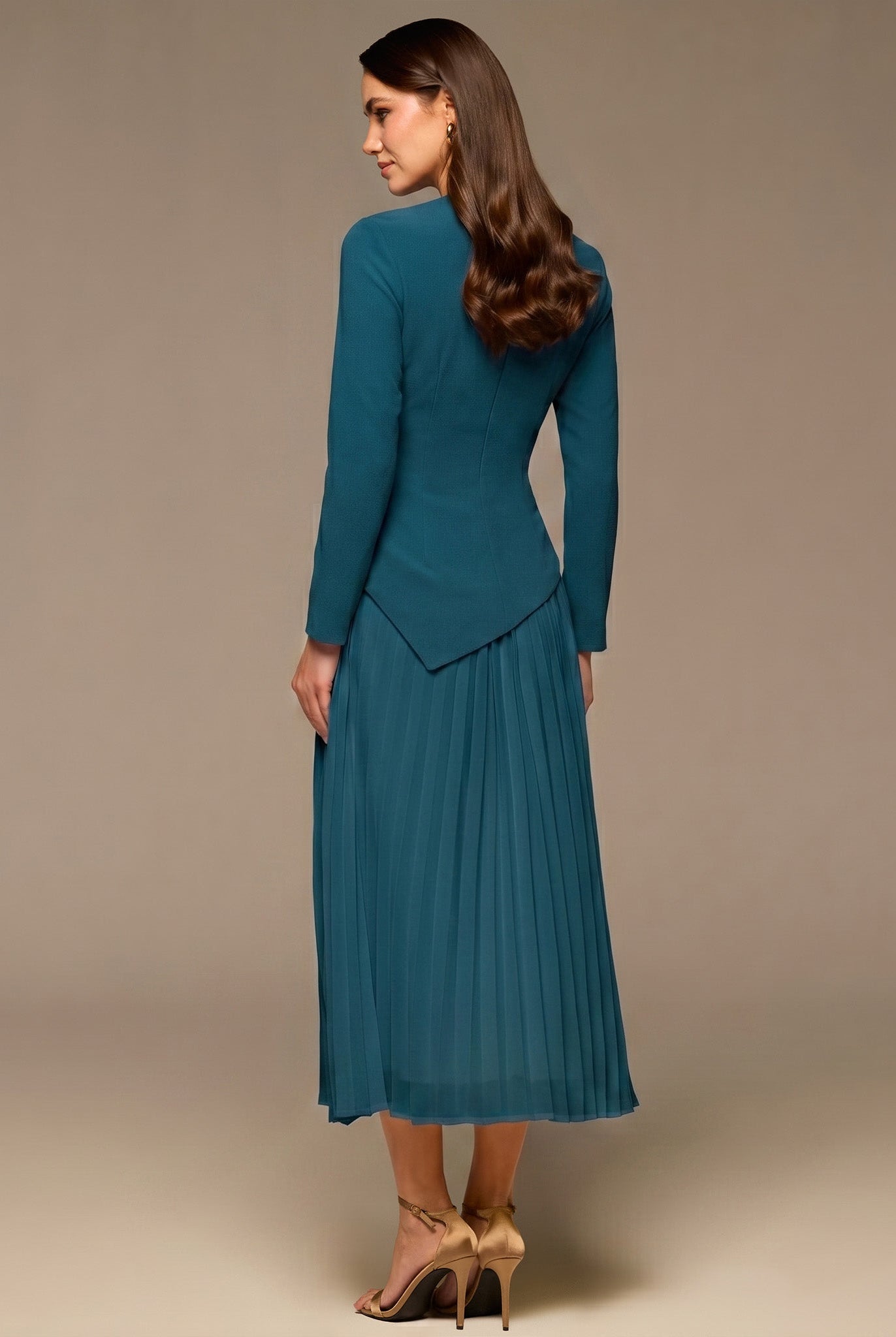 Teal One - shoulder Crepe Dress With Pleated Skirt - shopaleena
