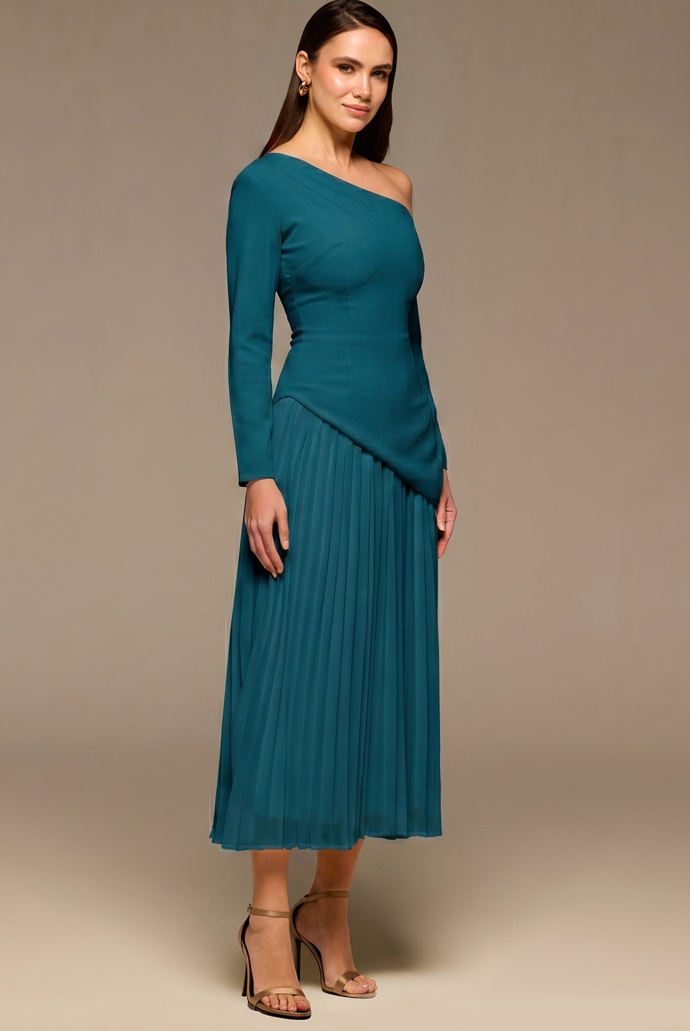 Teal One - shoulder Crepe Dress With Pleated Skirt - shopaleena