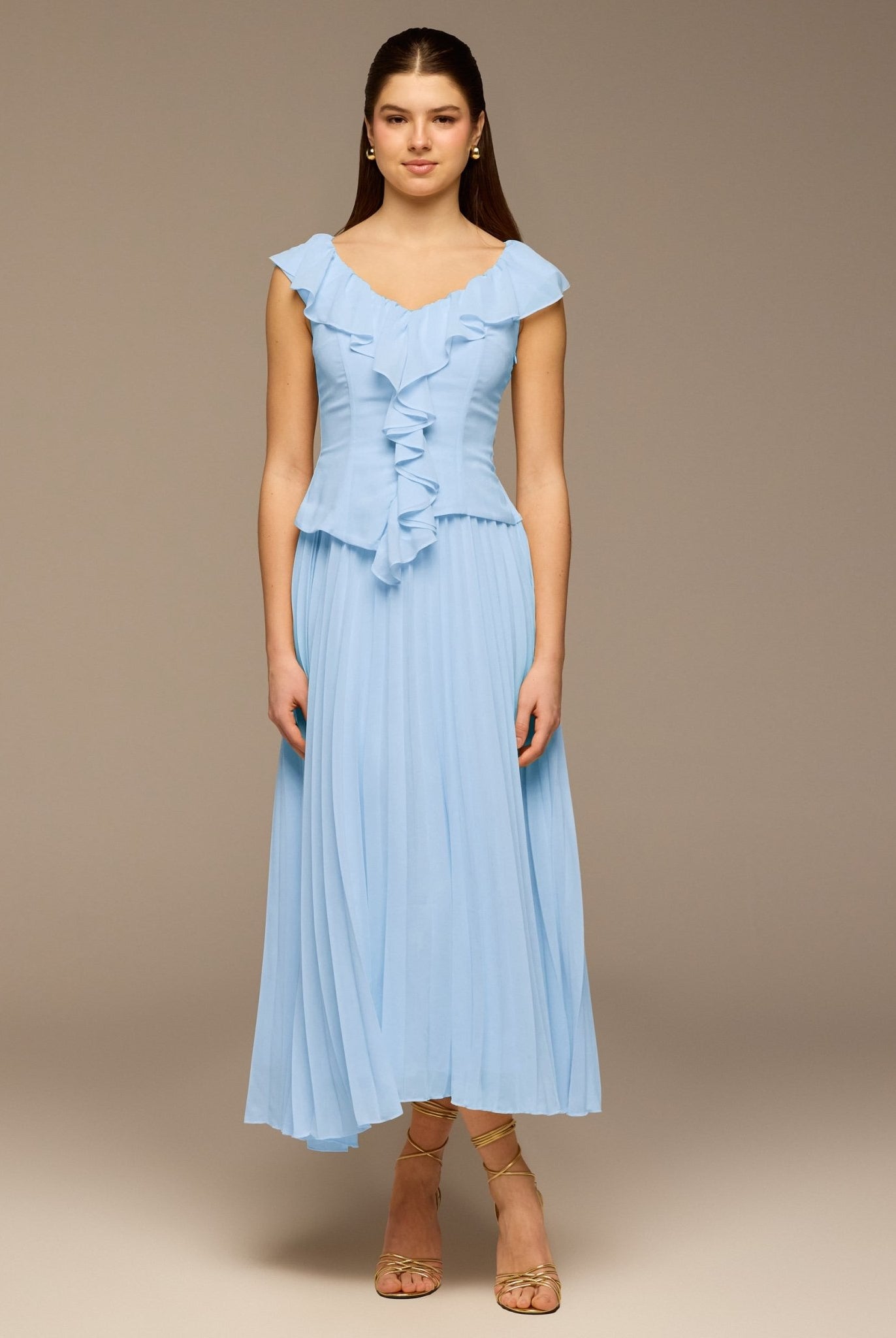 Teal Ruffle Neck Pleated Chiffon Dress - shopaleena