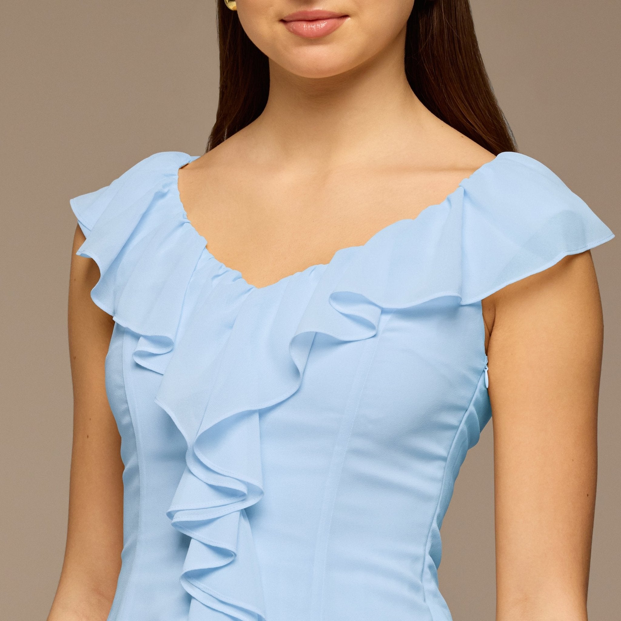 Teal Ruffle Neck Pleated Chiffon Dress - shopaleena