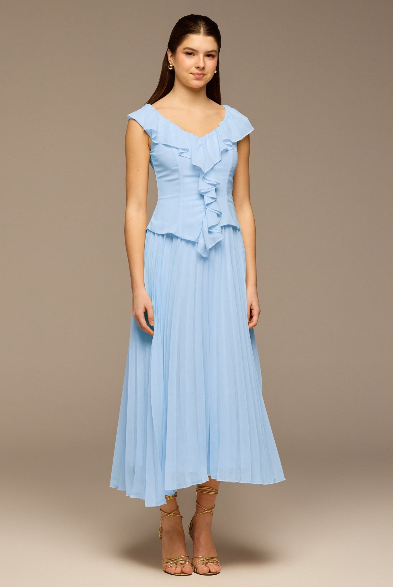 Teal Ruffle Neck Pleated Chiffon Dress - shopaleena