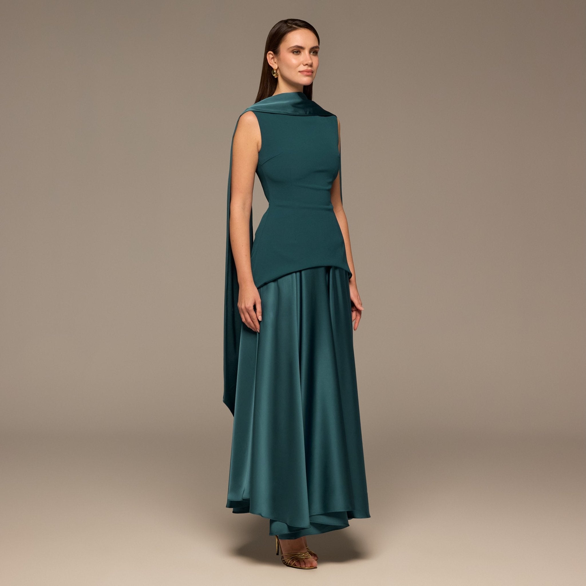 Teal Satin & Crepe Maxi Dress with Back Scarf - shopaleena
