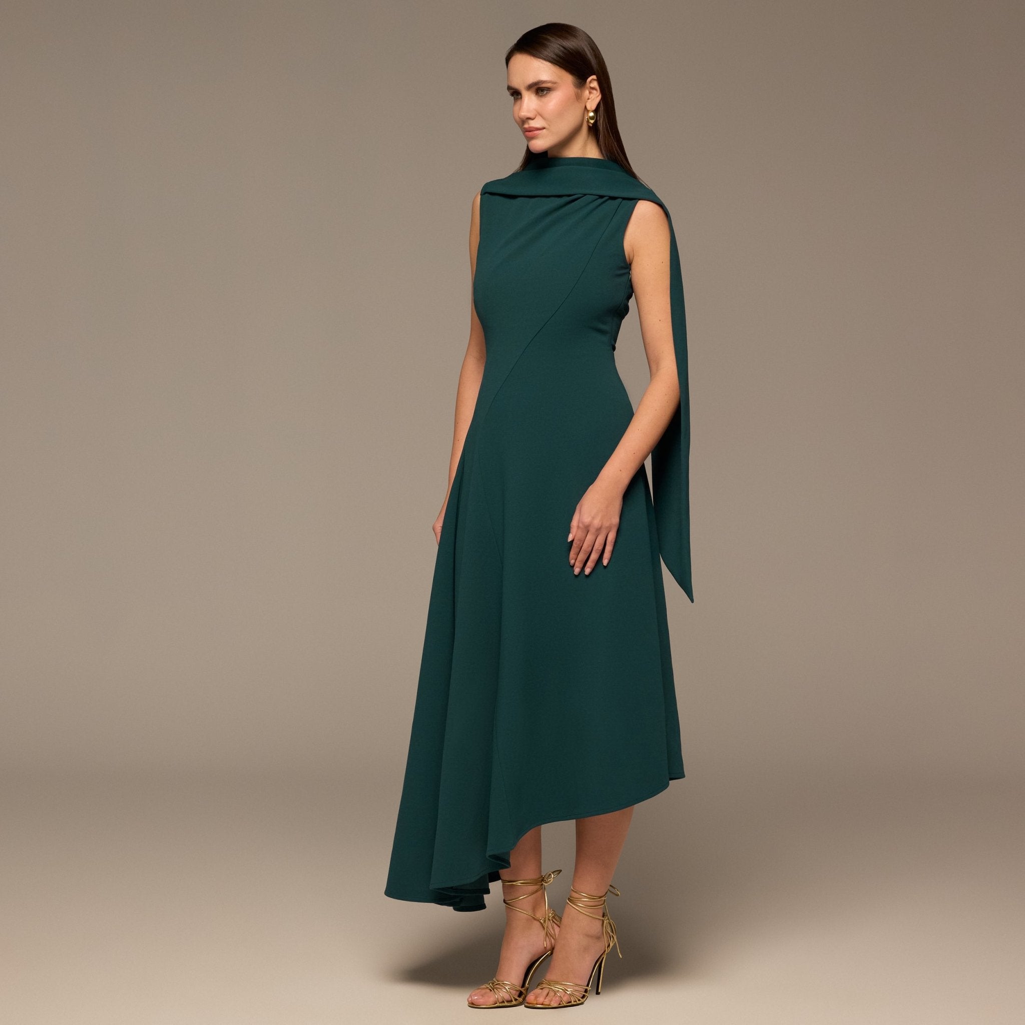 Teal Shoulder Scarf Asymmetric Midi Dress - shopaleena