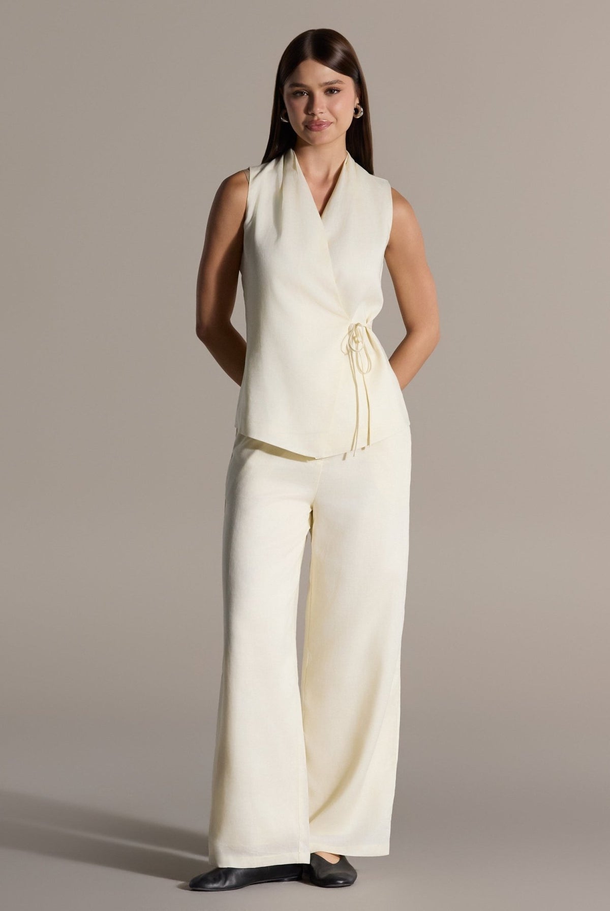 Tencel Blended Linen Ivory Wrap Top with Side Tie - shopaleena