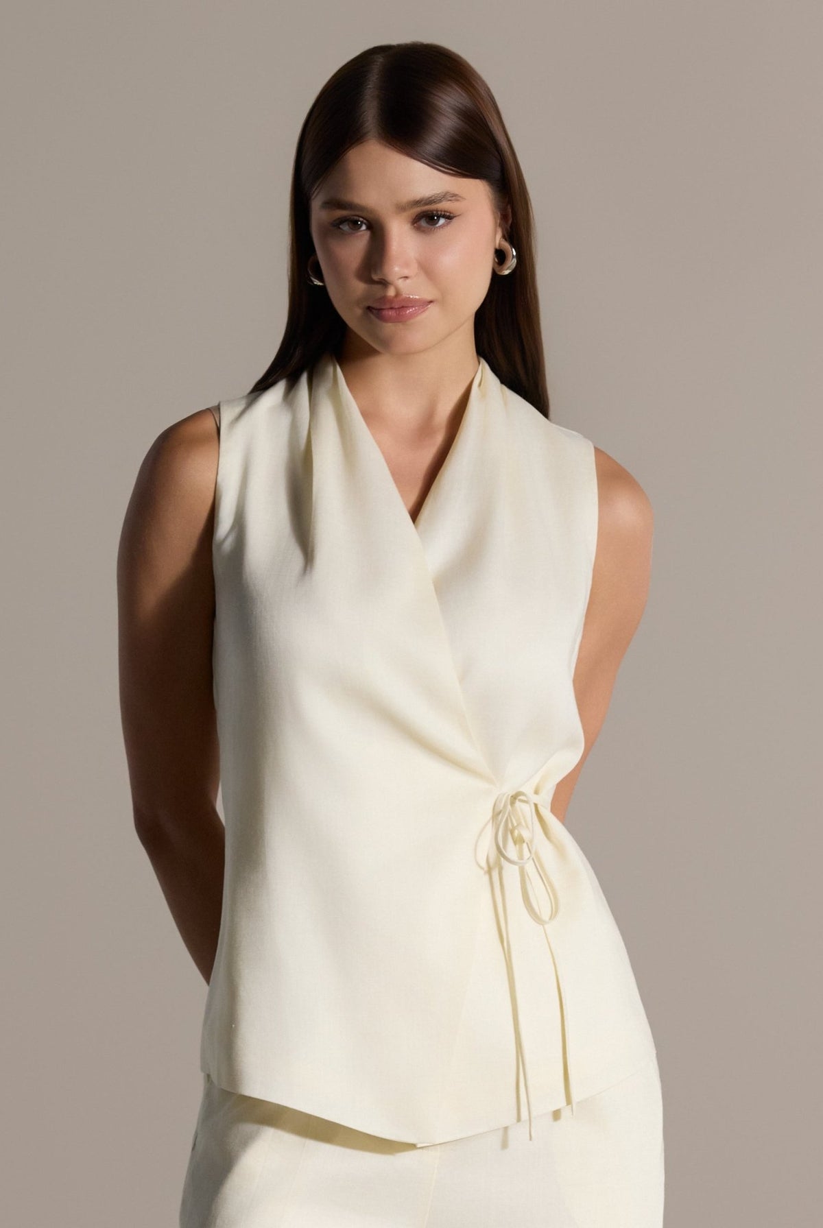 Tencel Blended Linen Ivory Wrap Top with Side Tie - shopaleena