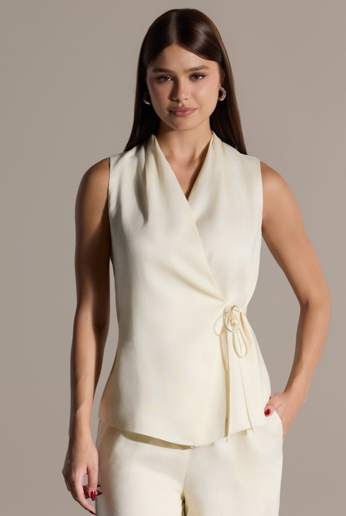 Tencel Blended Linen Ivory Wrap Top with Side Tie - shopaleena
