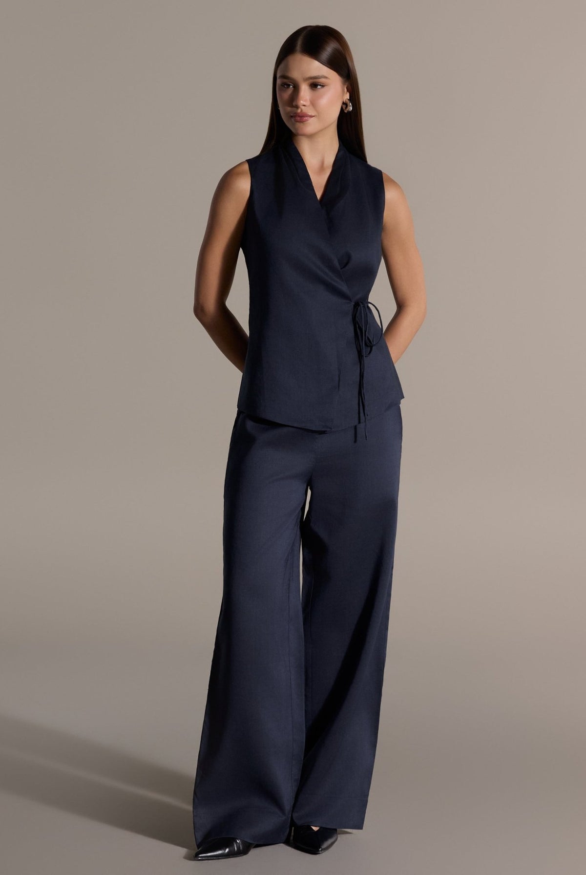 Tencel Linen Navy Blend Wrap Top with Side Tie - shopaleena