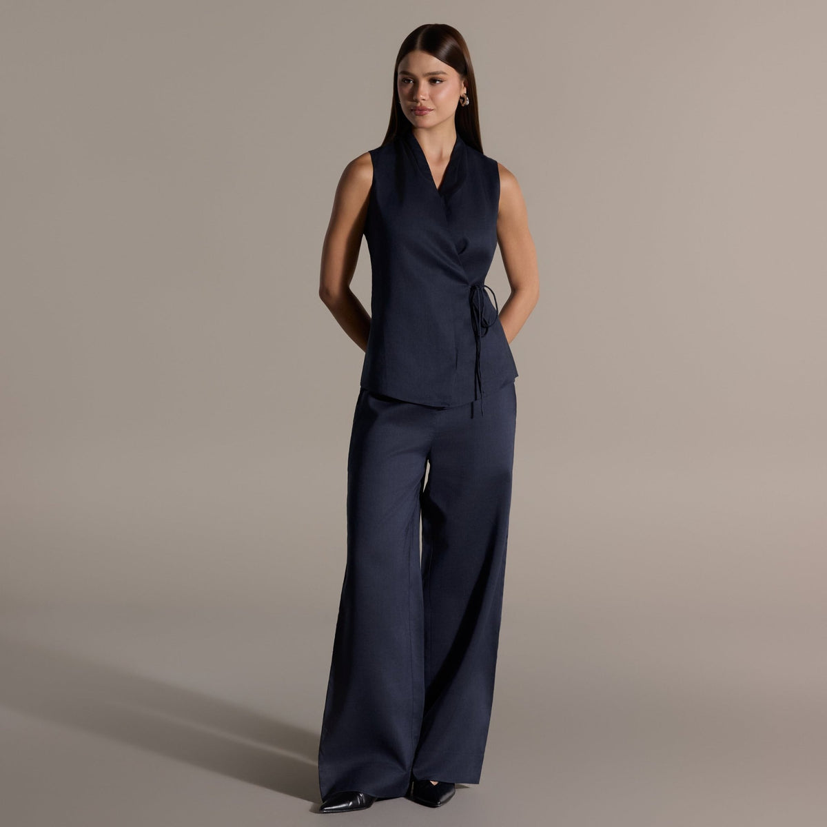 Tencel Linen Navy Blend Wrap Top with Side Tie - shopaleena