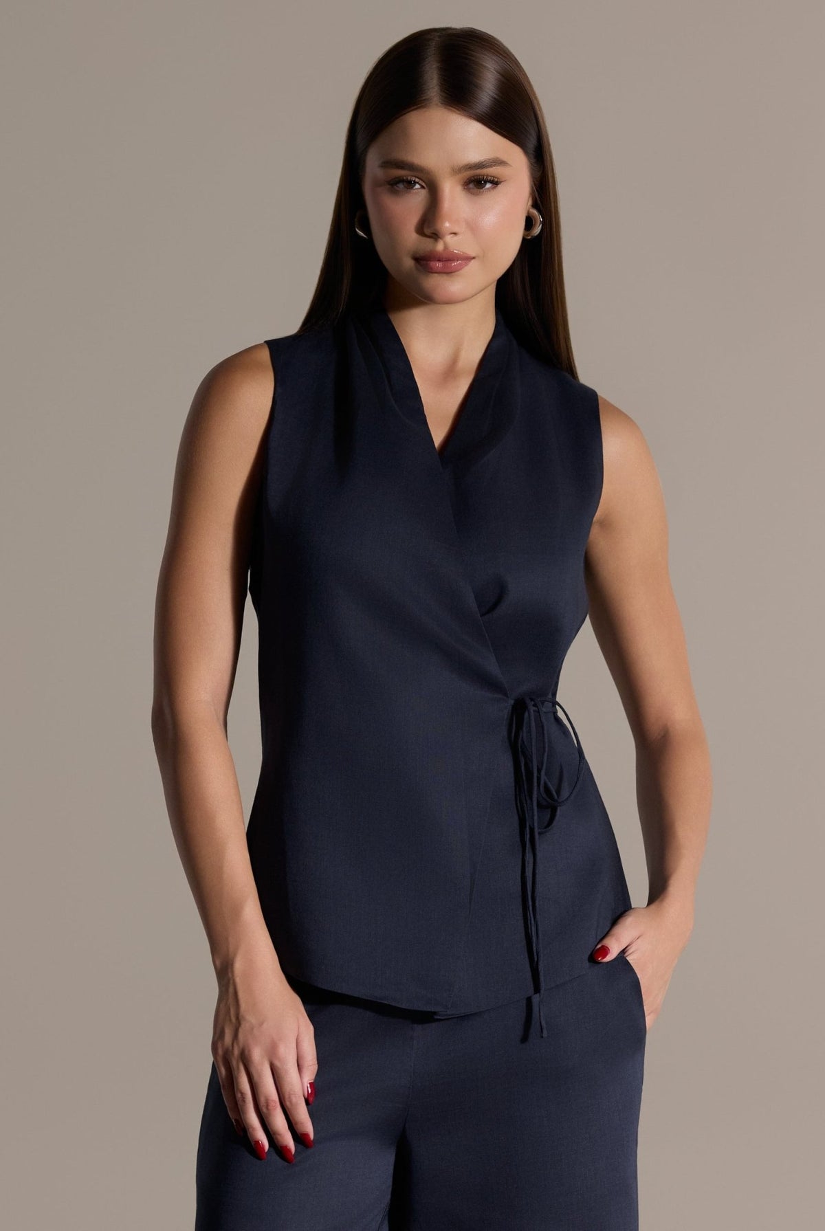 Tencel Linen Navy Blend Wrap Top with Side Tie - shopaleena