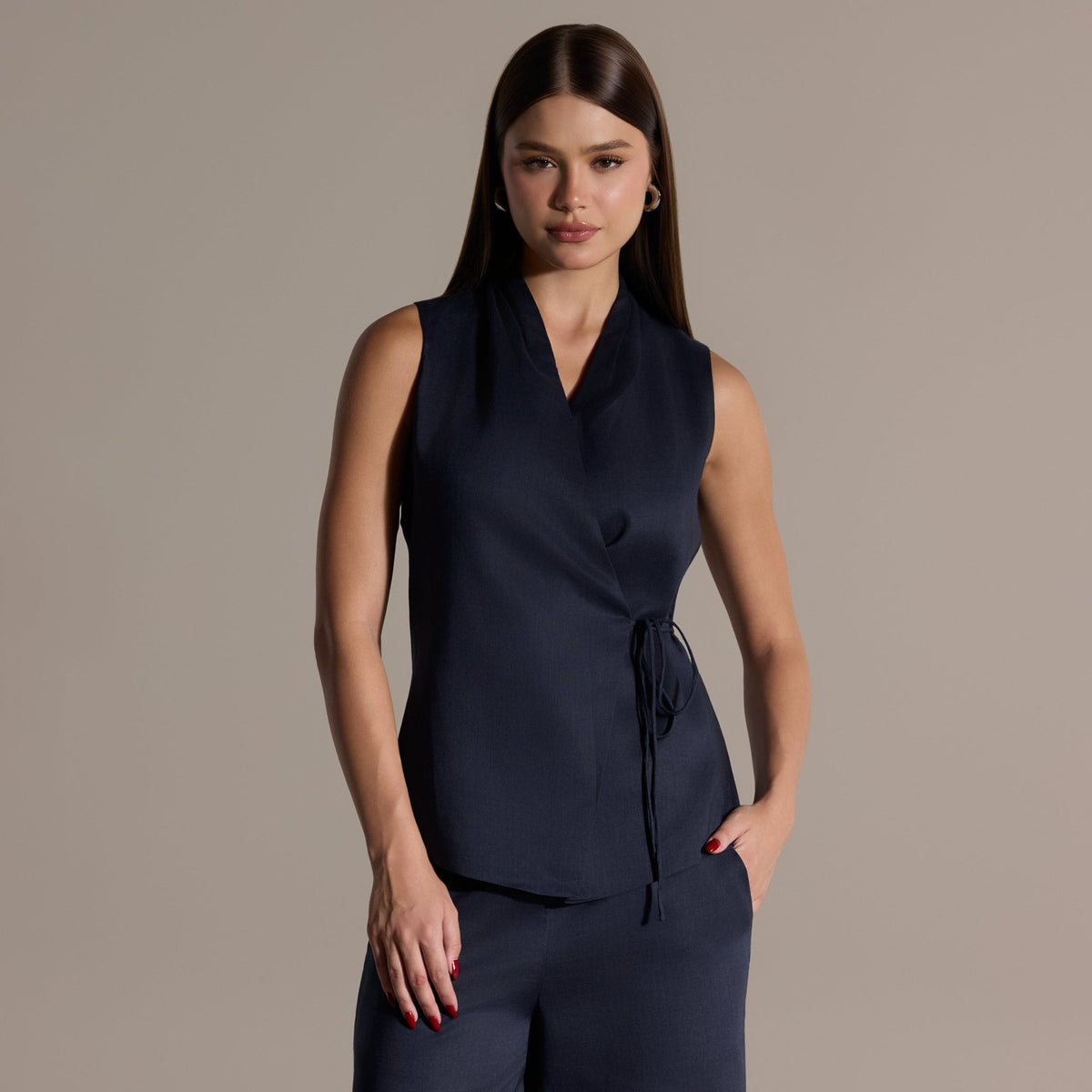 Tencel Linen Navy Blend Wrap Top with Side Tie - shopaleena