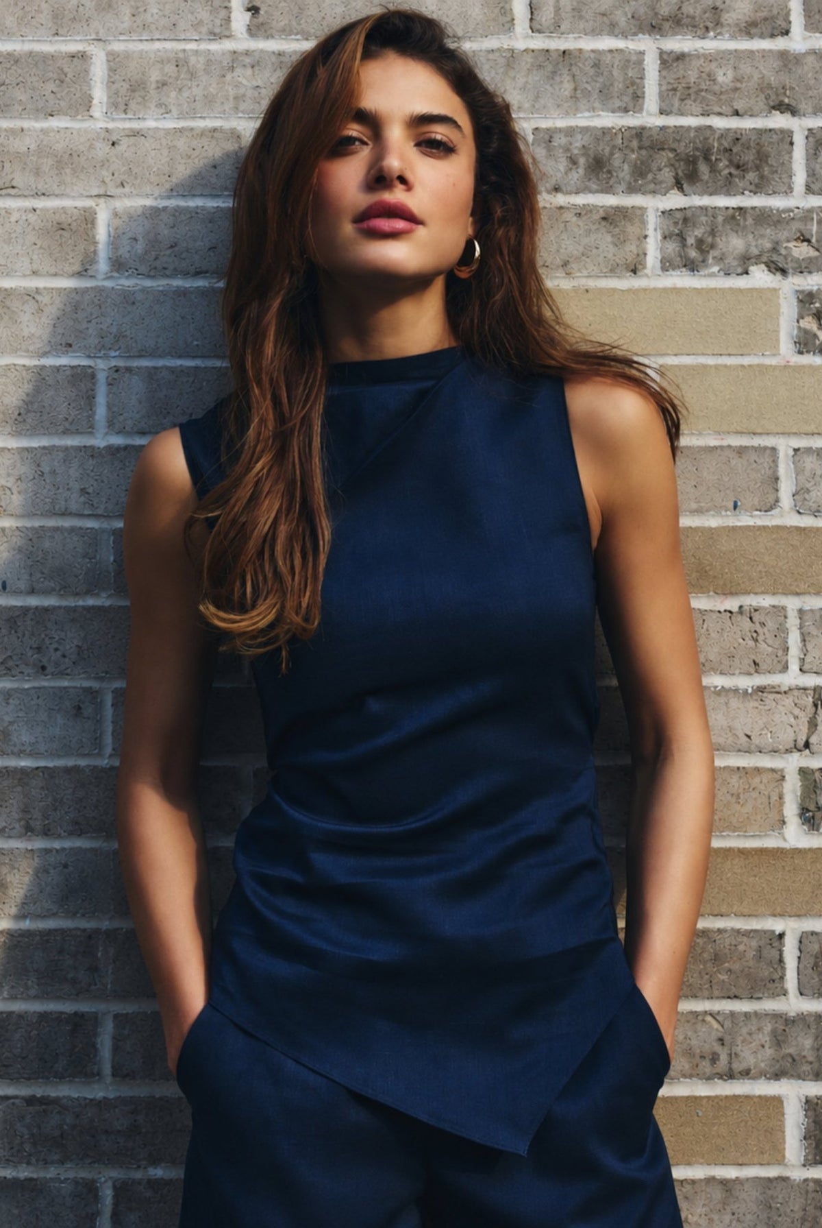 Tencel Linen Navy Sleeveless Asymmetric Top - shopaleena