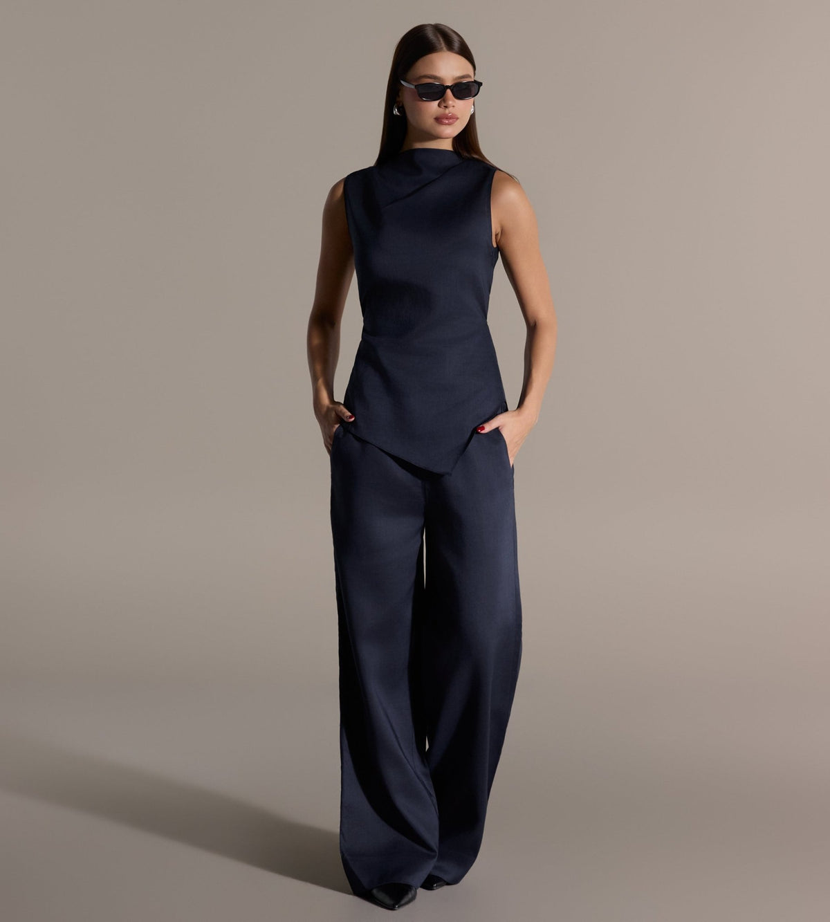 Tencel Linen Navy Sleeveless Asymmetric Top - shopaleena