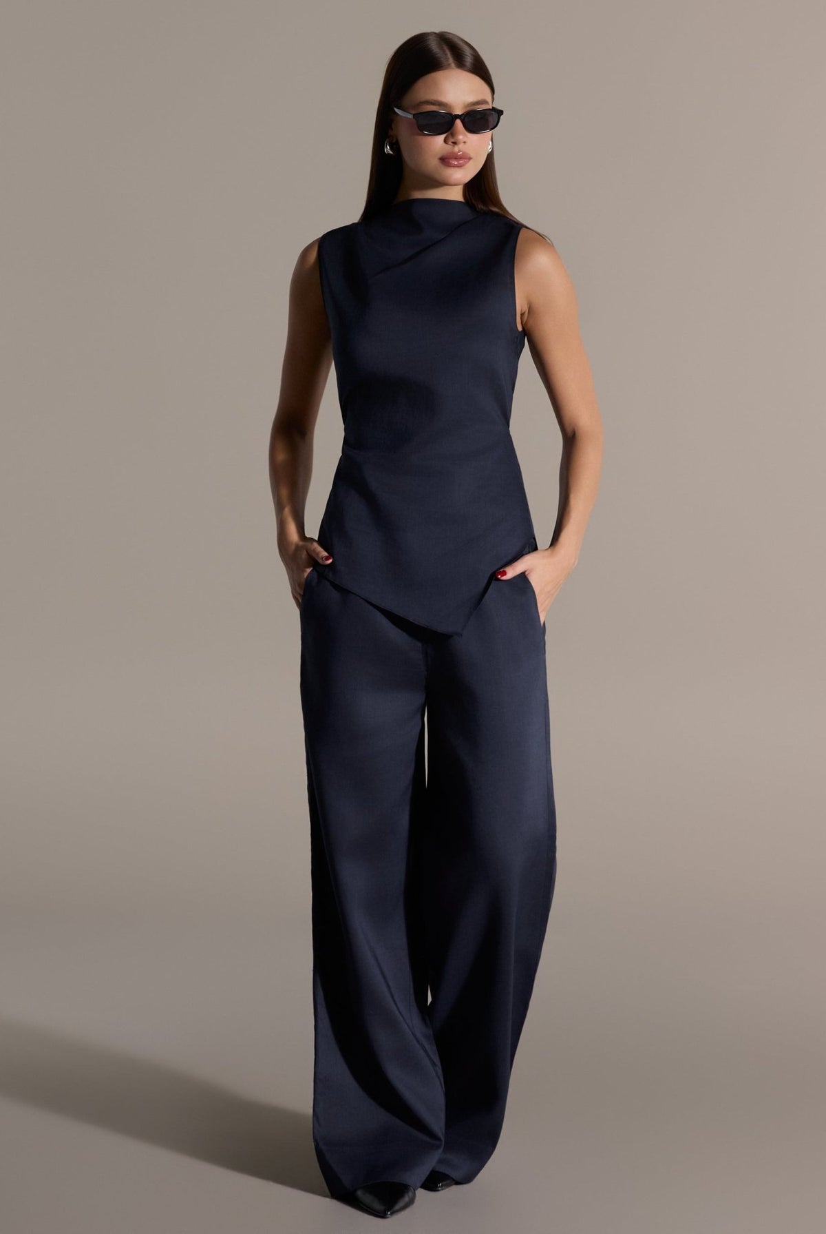 Tencel Linen Navy Wide-Leg Pants - shopaleena