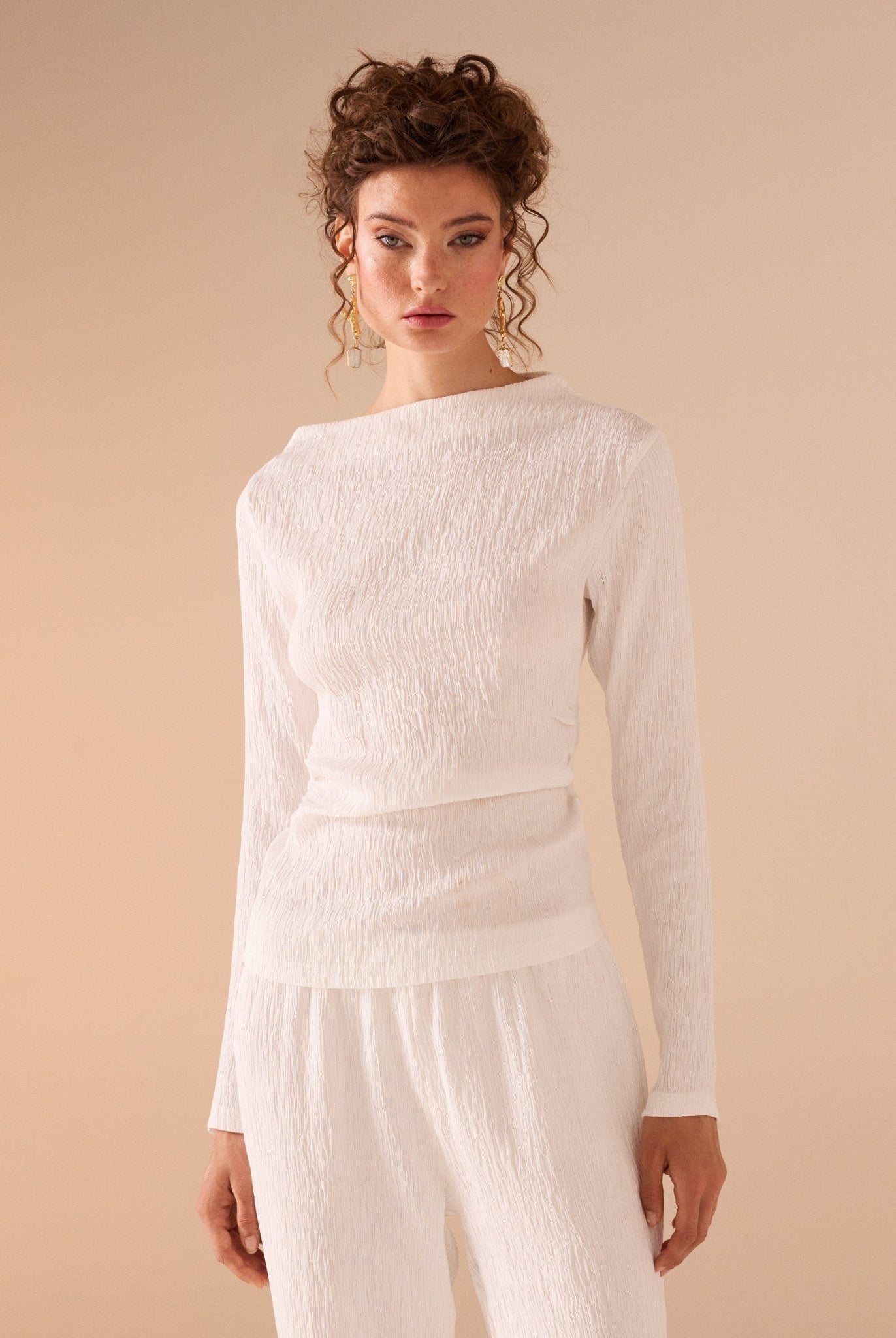 Textured Crepe Long Sleeve Top - shopaleena