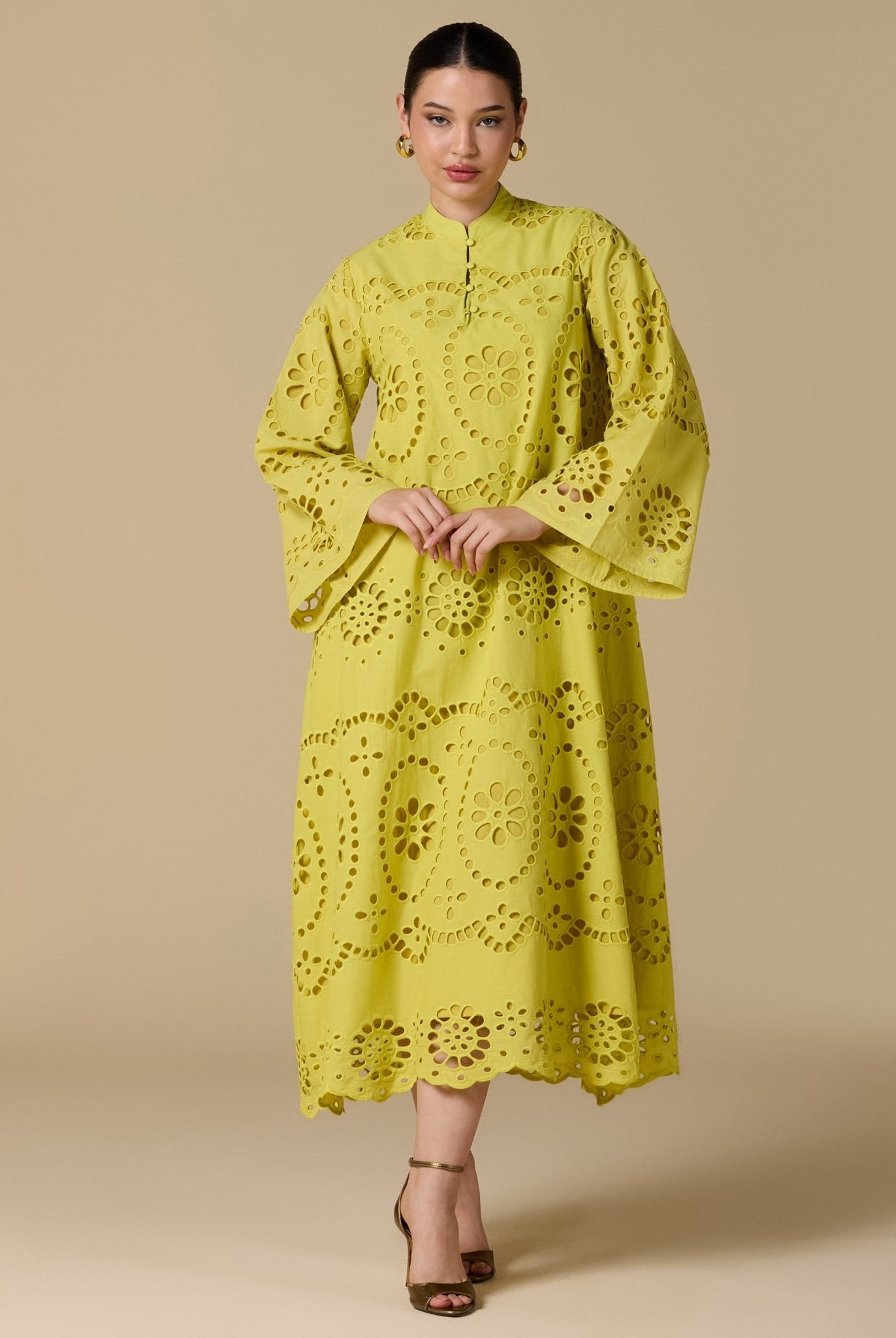 Tonal cotton Wide sleeve midi dress - shopaleena