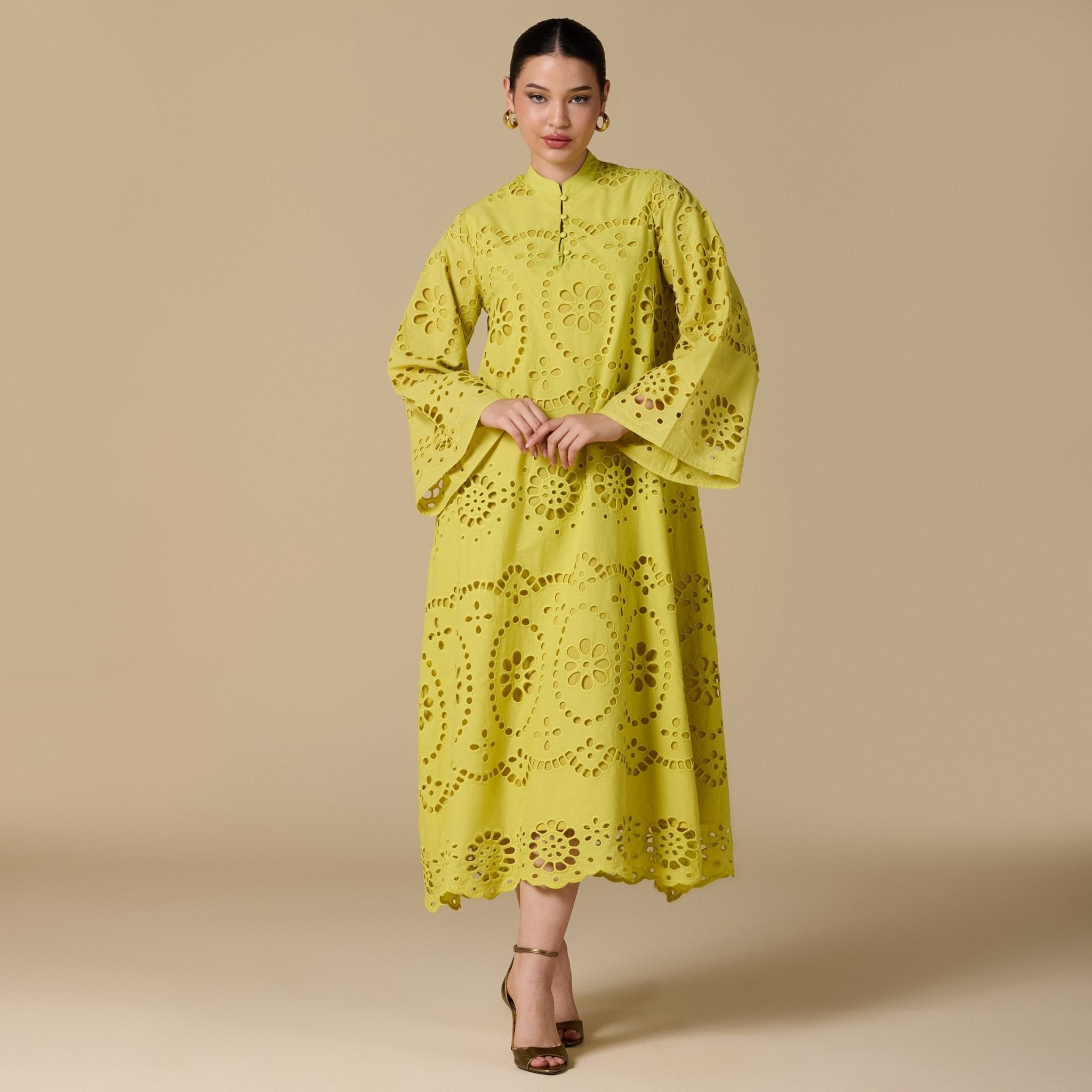 Tonal cotton Wide sleeve midi dress - shopaleena