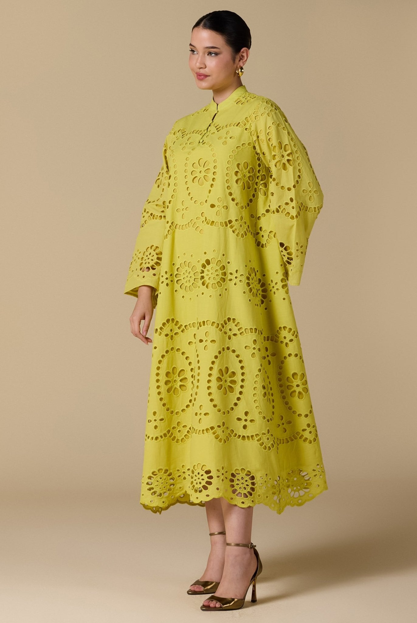 Tonal cotton Wide sleeve midi dress - shopaleena