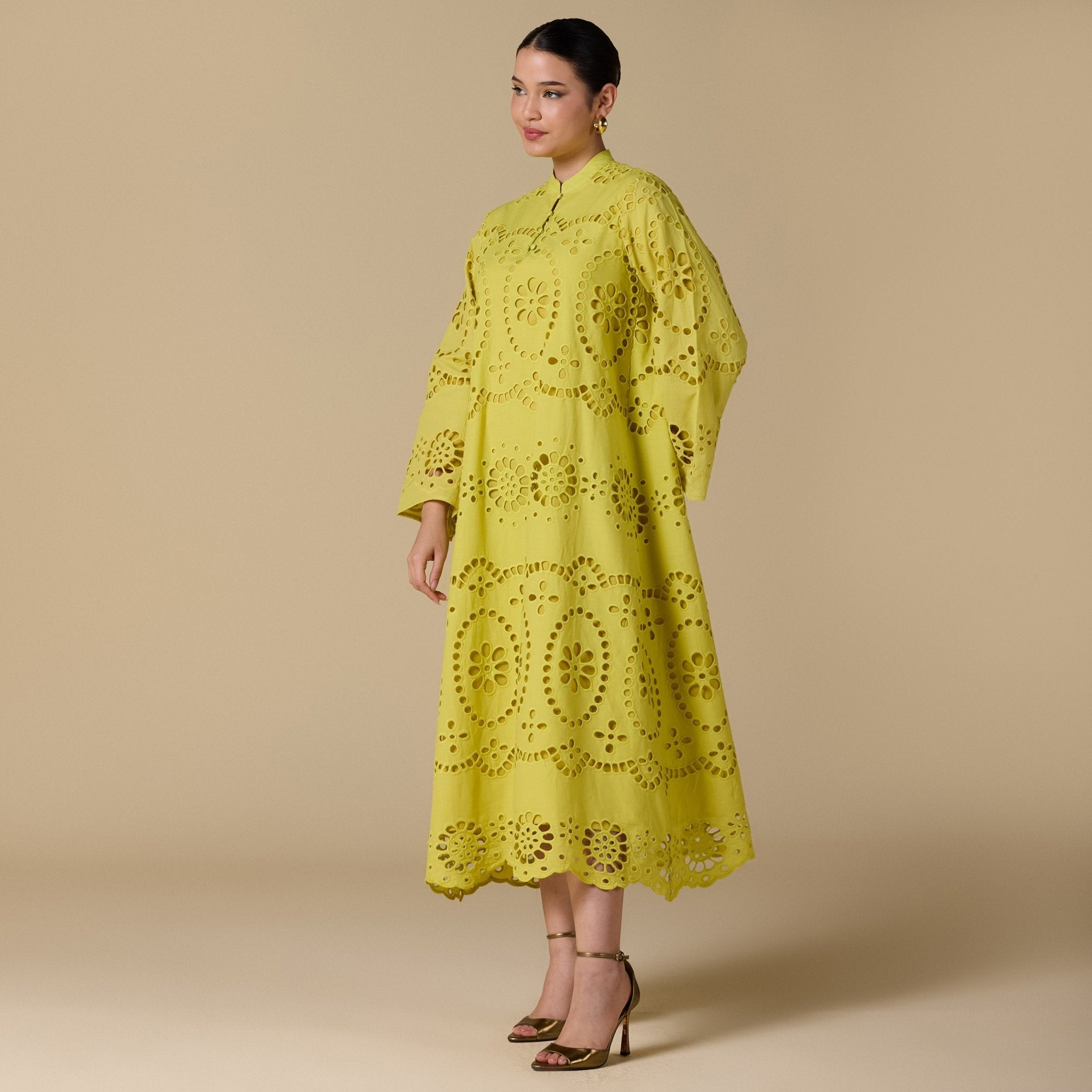 Tonal cotton Wide sleeve midi dress - shopaleena