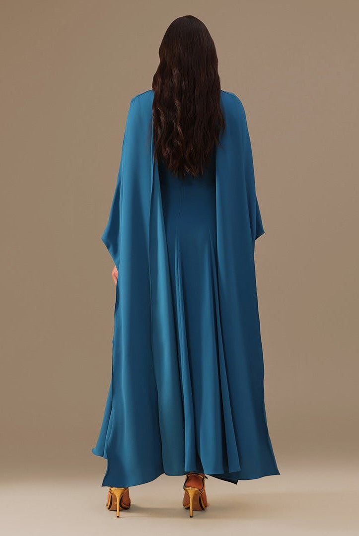 Turquoise Crepe Dress with Flared Skirt - shopaleena