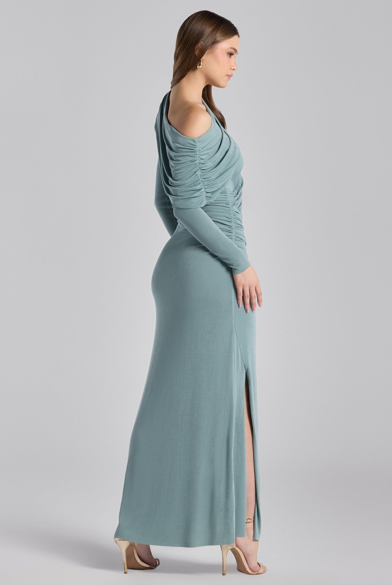 Turquoise Draped Shoulder Jersey Maxi Dress - shopaleena