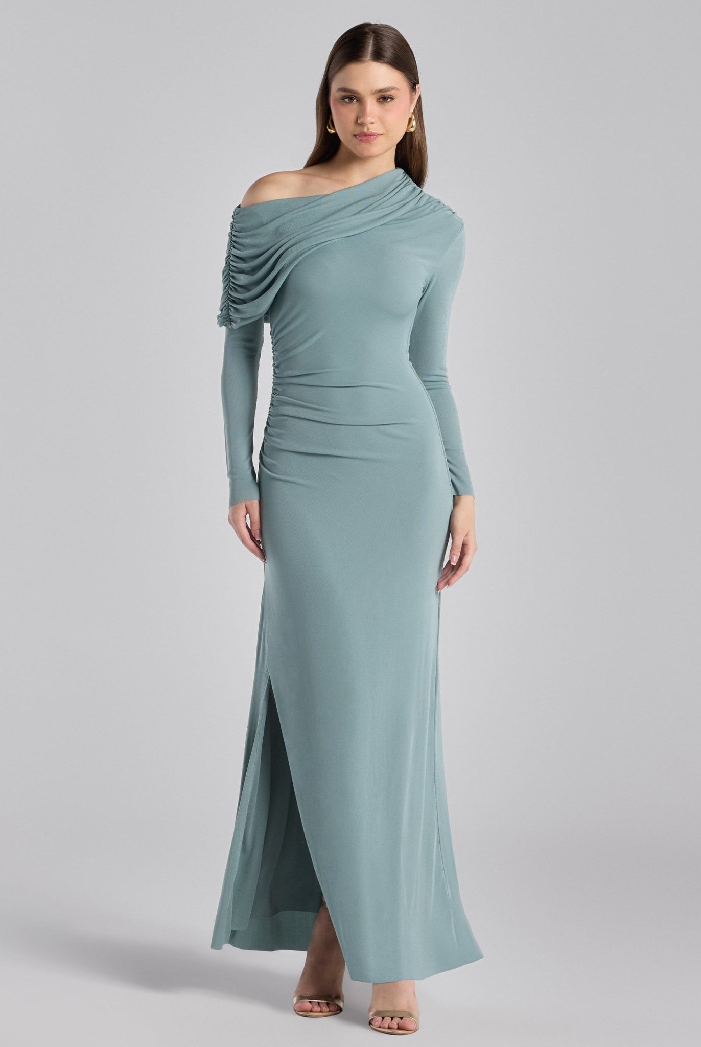 Turquoise Draped Shoulder Jersey Maxi Dress - shopaleena