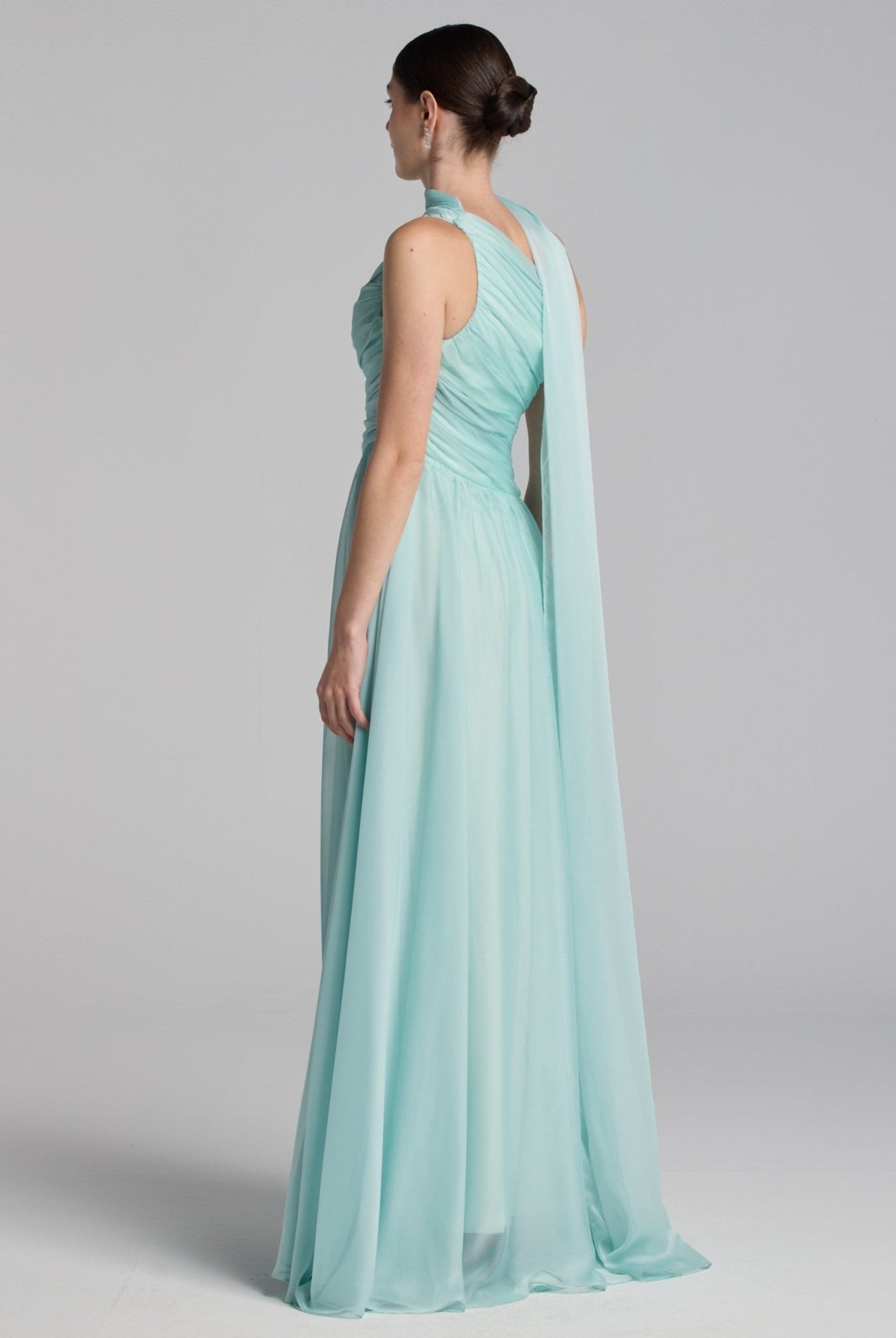 Turquoise One Shoulder Draped Chiffon Maxi Dress - shopaleena