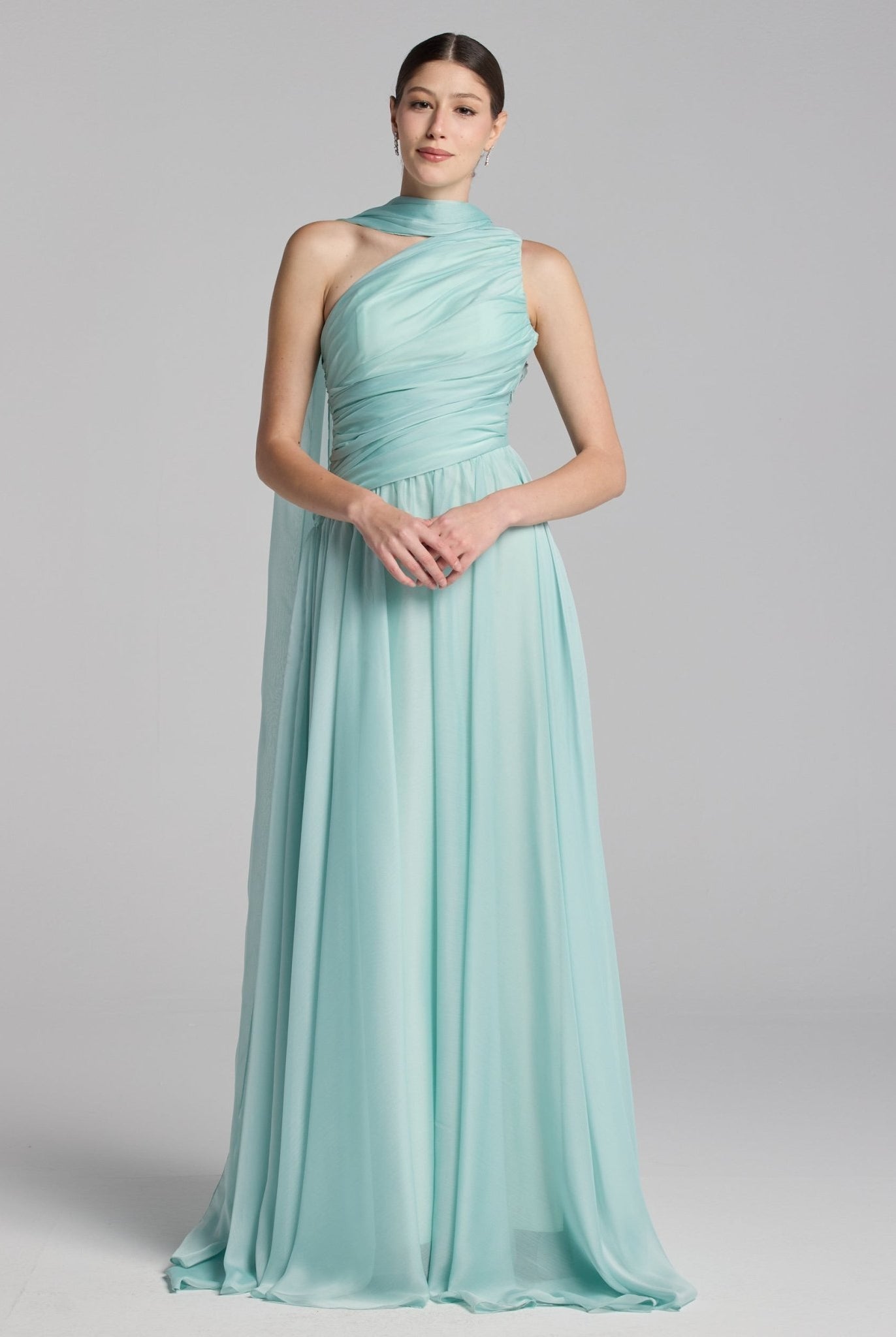 Turquoise One Shoulder Draped Chiffon Maxi Dress - shopaleena