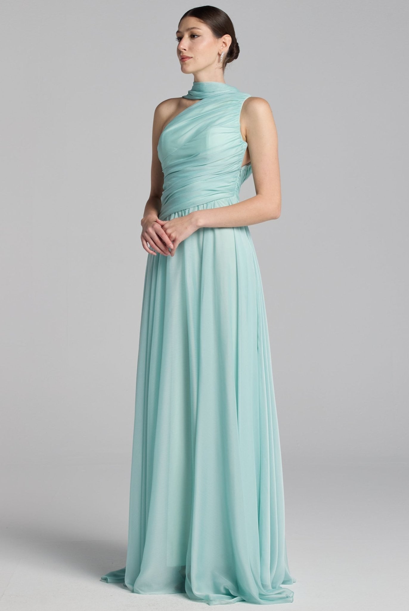 Turquoise One Shoulder Draped Chiffon Maxi Dress - shopaleena