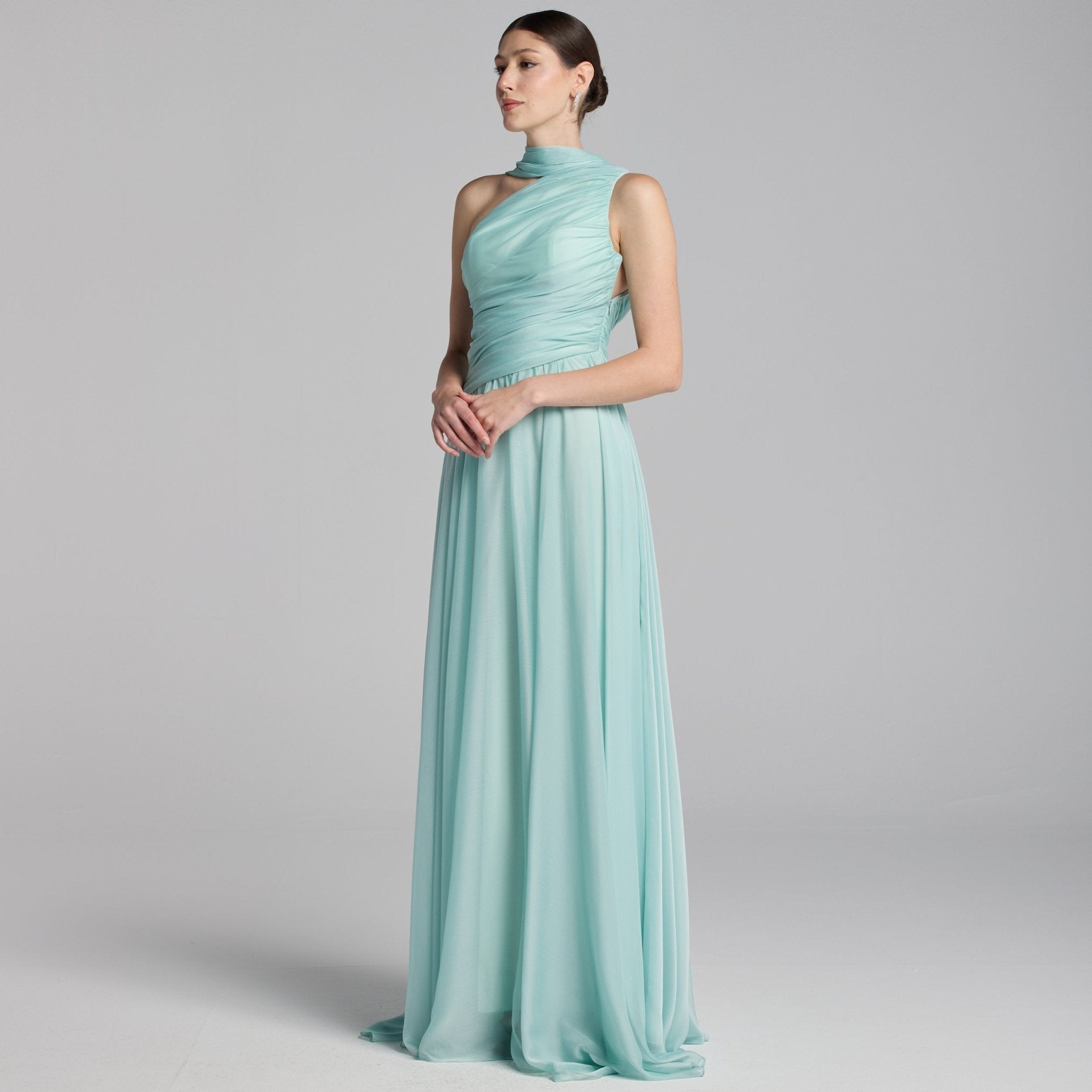 Turquoise One Shoulder Draped Chiffon Maxi Dress - shopaleena