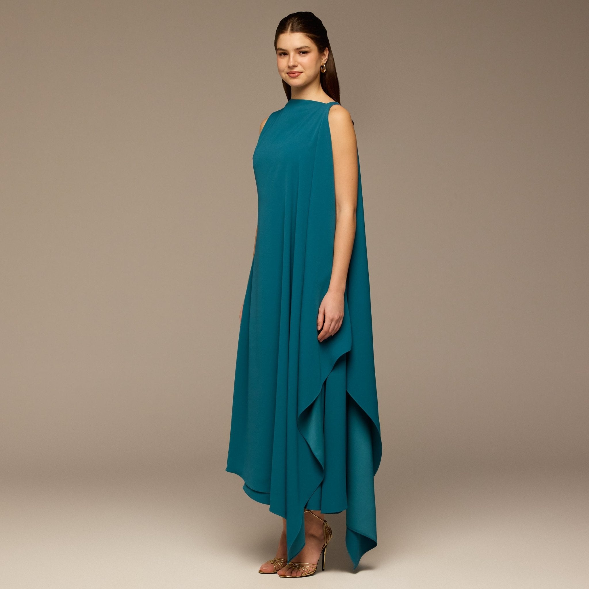 Turquoise Sleeveless Crepe Maxi Dress with Side Scarf - shopaleena