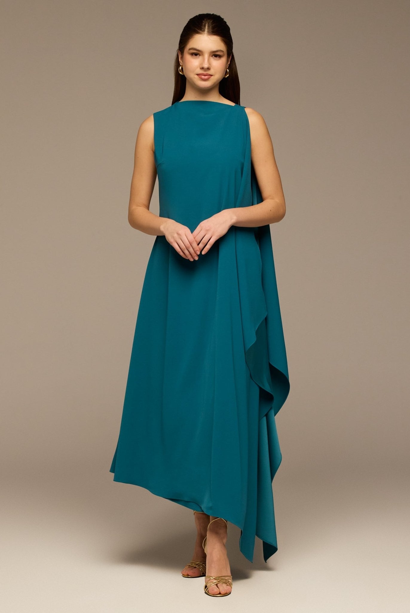 Turquoise Sleeveless Crepe Maxi Dress with Side Scarf - shopaleena