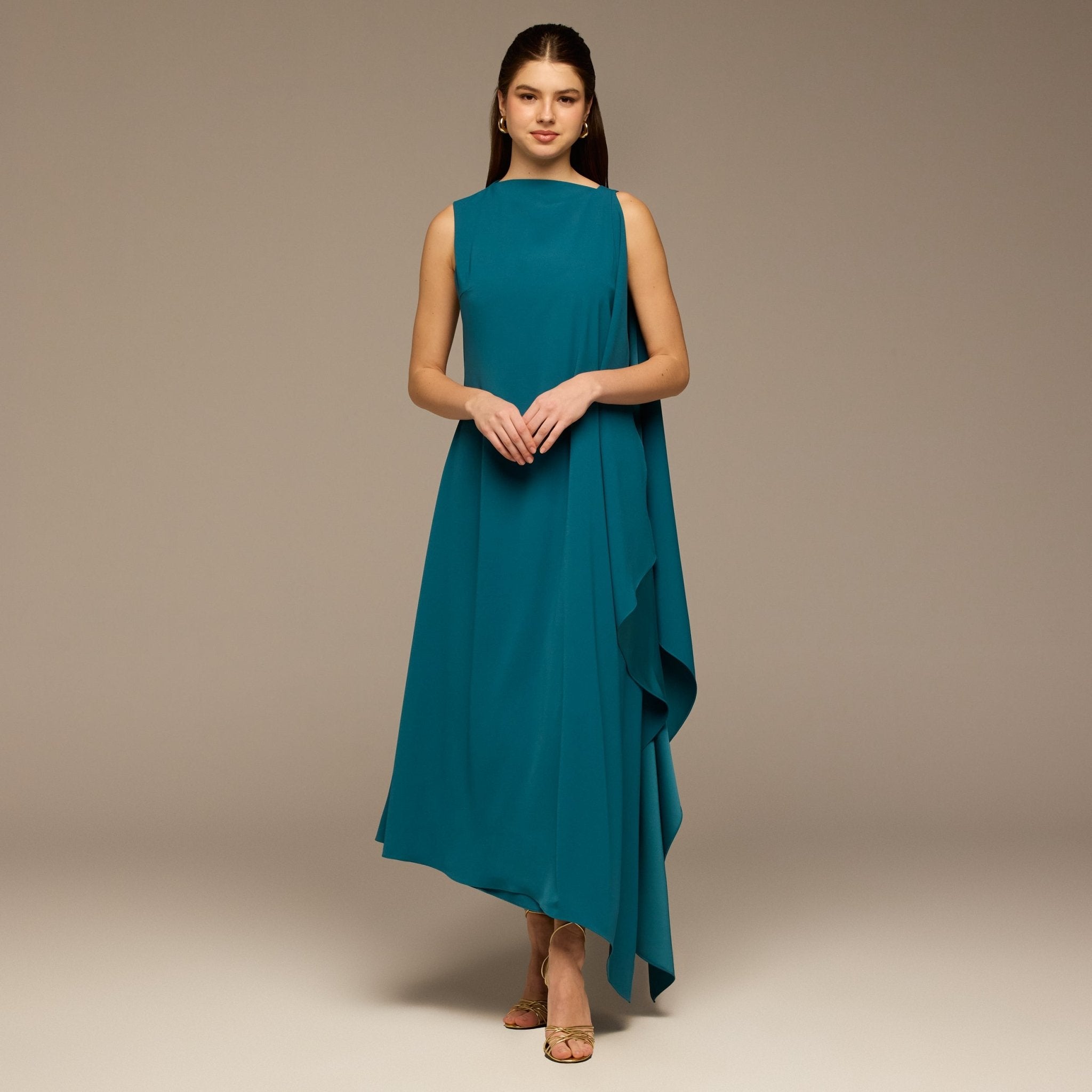 Turquoise Sleeveless Crepe Maxi Dress with Side Scarf - shopaleena