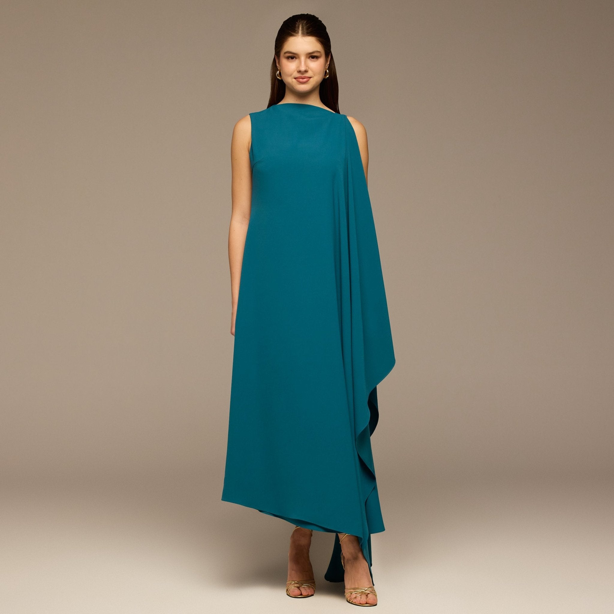 Turquoise Sleeveless Crepe Maxi Dress with Side Scarf - shopaleena