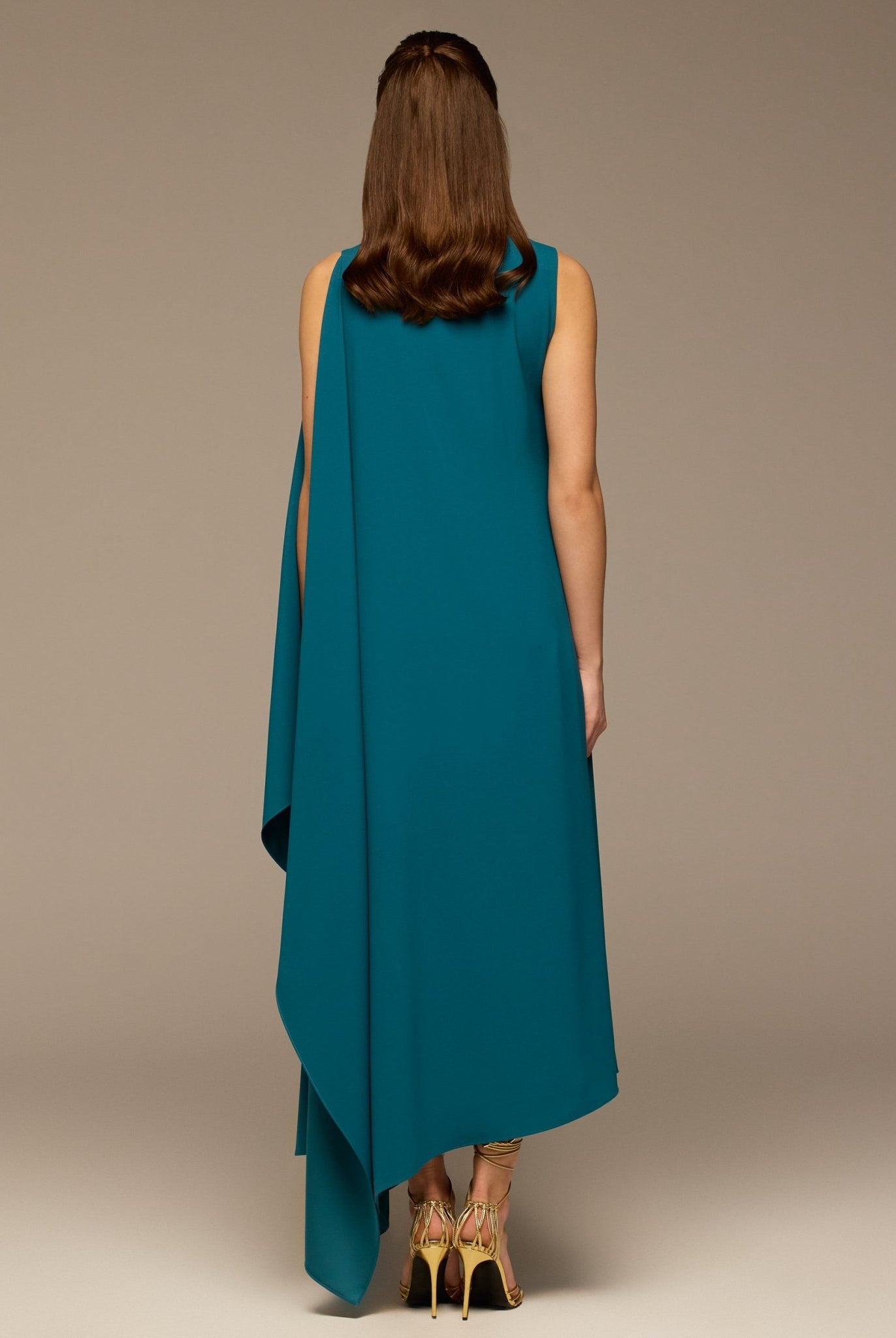 Turquoise Sleeveless Crepe Maxi Dress with Side Scarf - shopaleena