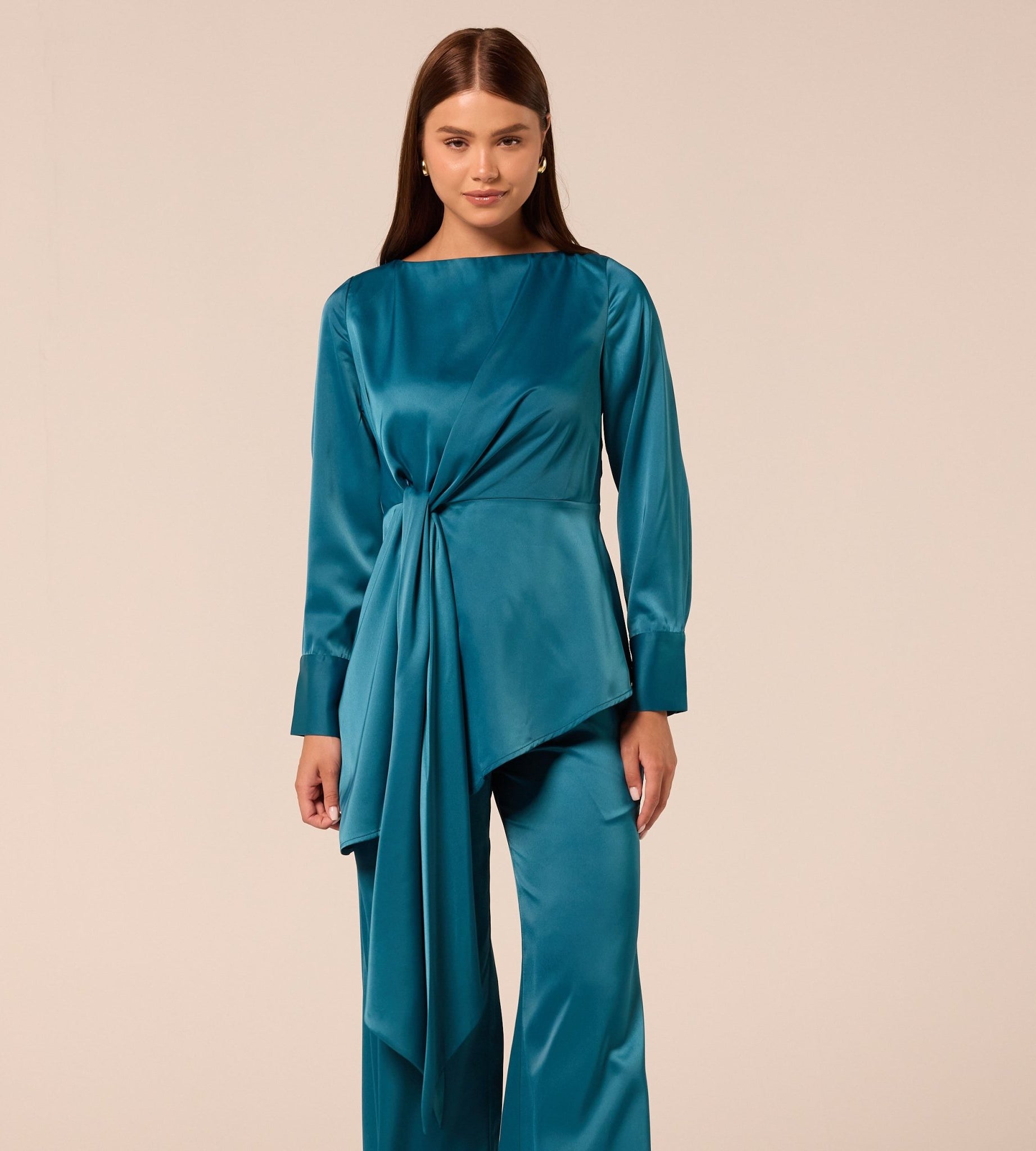 Turquoise Tie-Front Satin Blouse - shopaleena