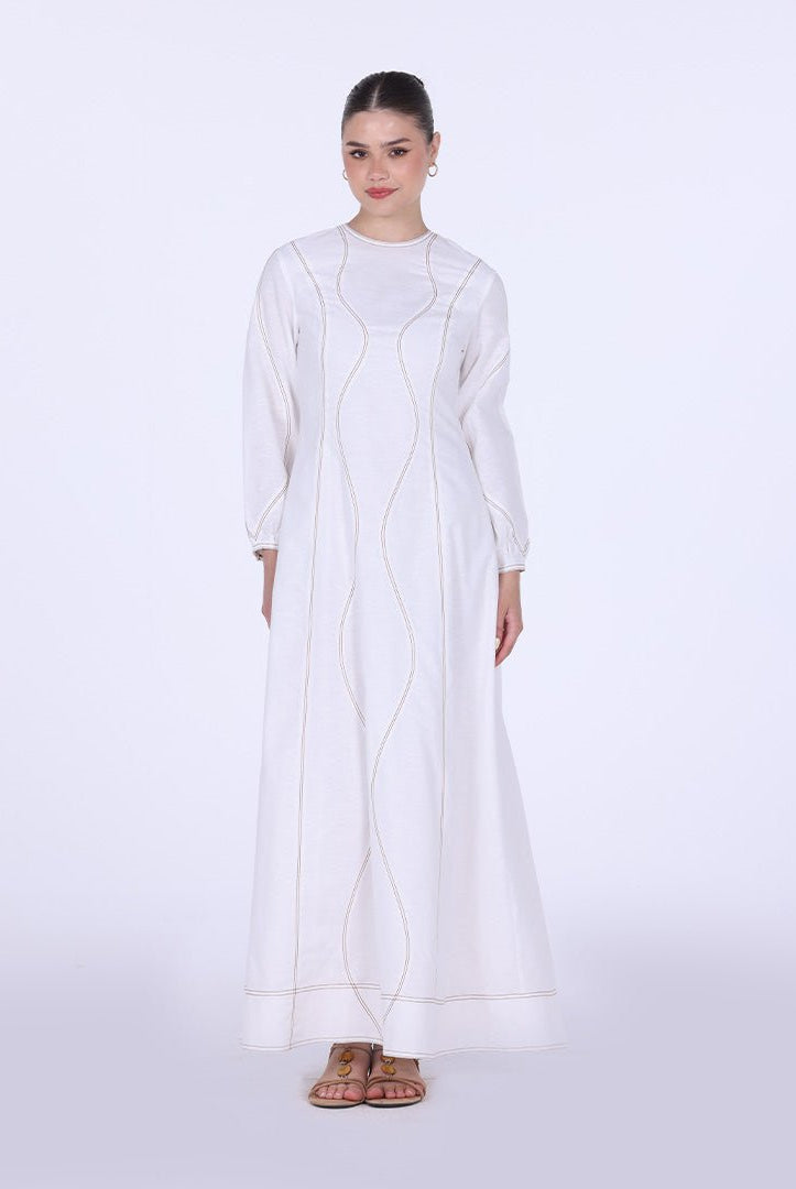 Twill Round Neck Puff Sleeve Maxi Dress - shopaleena