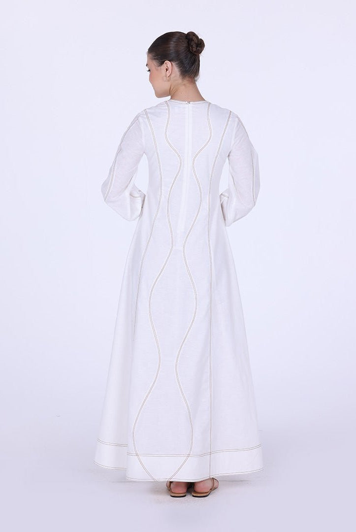 Twill Round Neck Puff Sleeve Maxi Dress - shopaleena